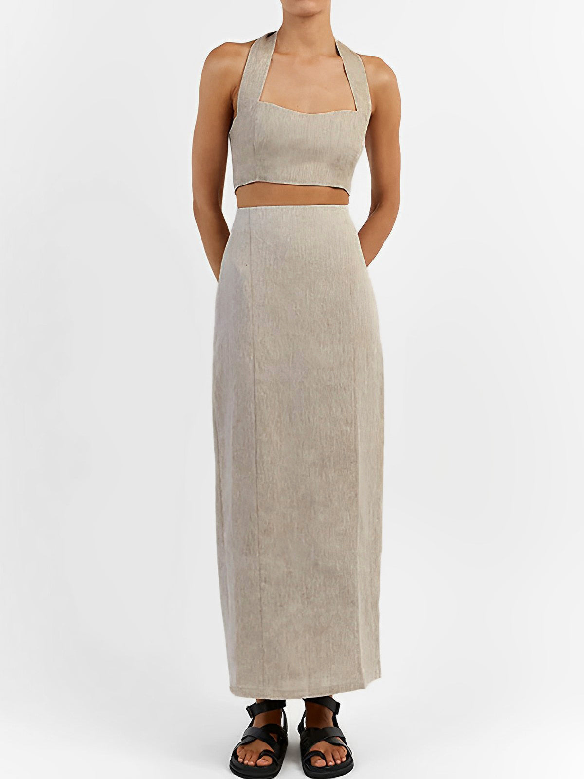 Halter Linen Two Piece Skirt Set-CALLISTARI