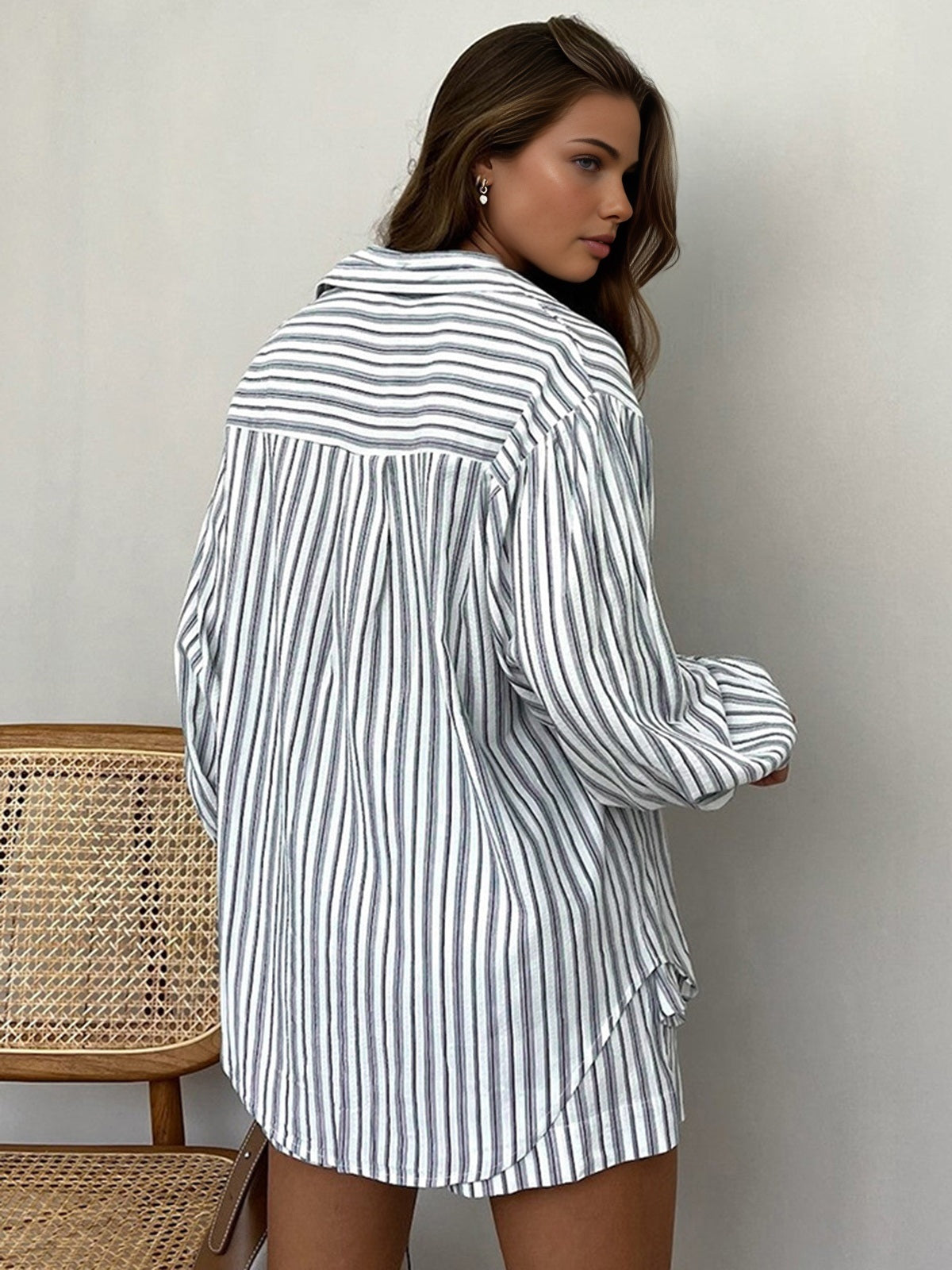 Oversized Striped Pockets Casual Shorts Set-CALLISTARI
