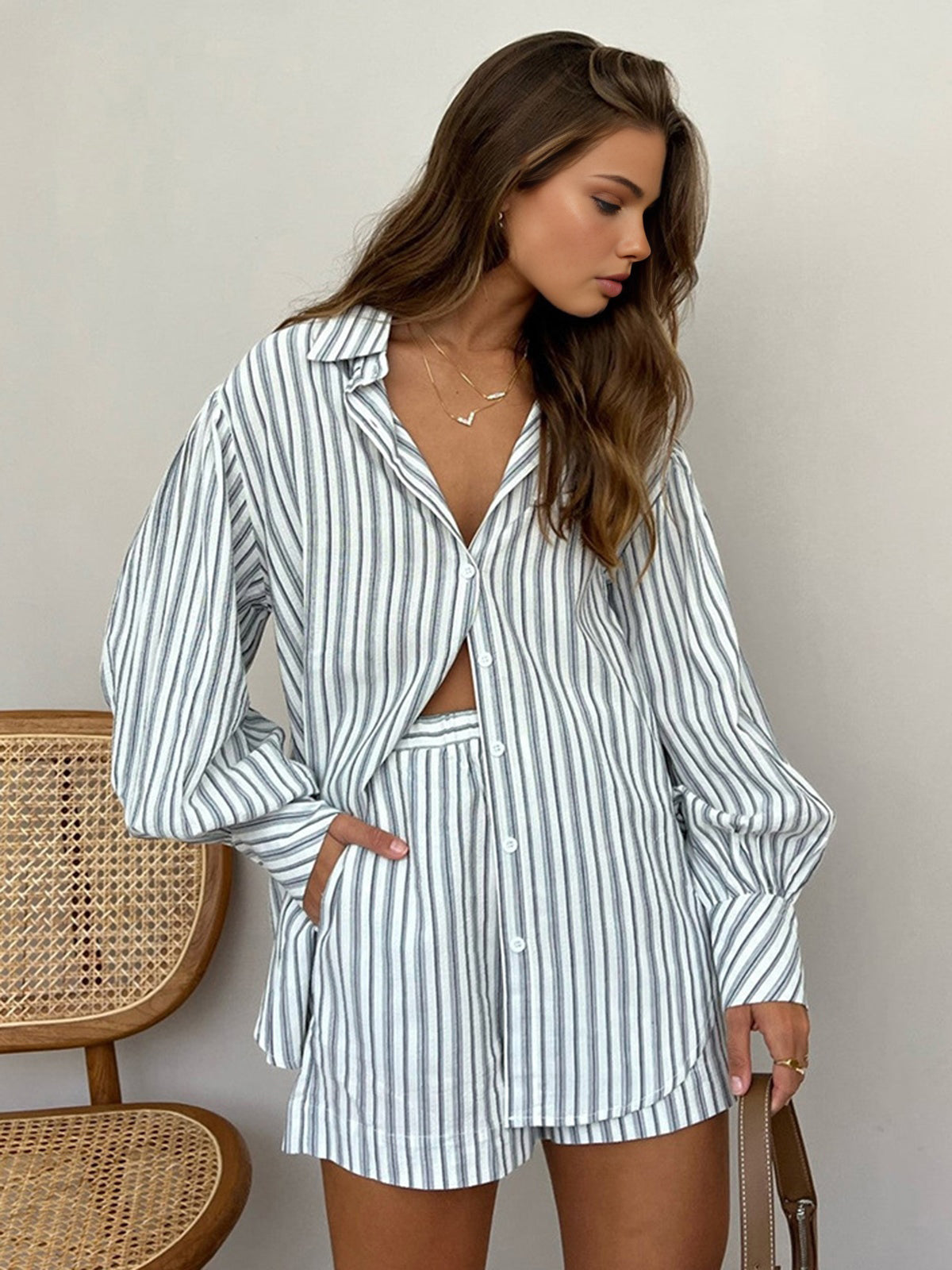 Oversized Striped Pockets Casual Shorts Set-CALLISTARI