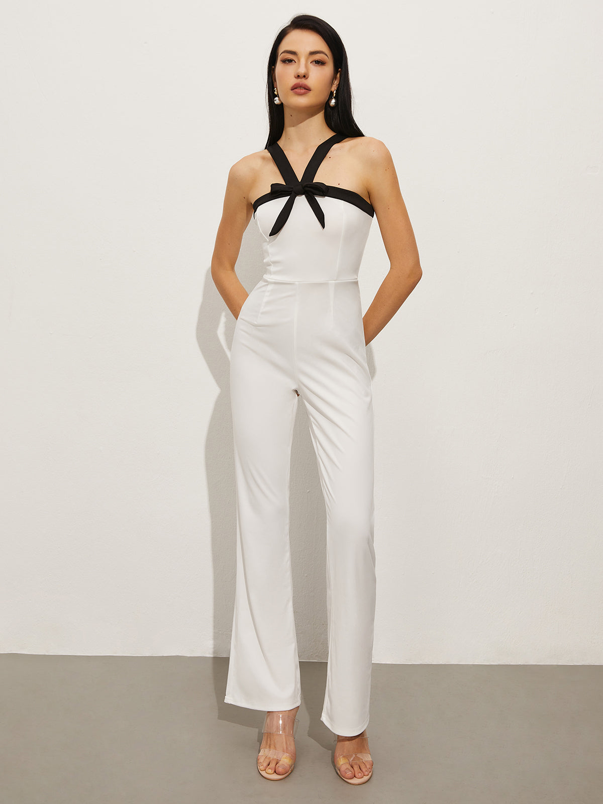 Callistari Contrast Trim Halter Bow Jumpsuit-CALLISTARI