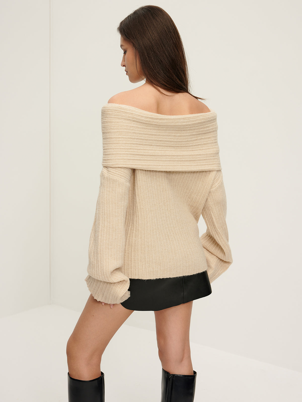 Ribbed Off Shoulder Loose Sweater-CALLISTARI