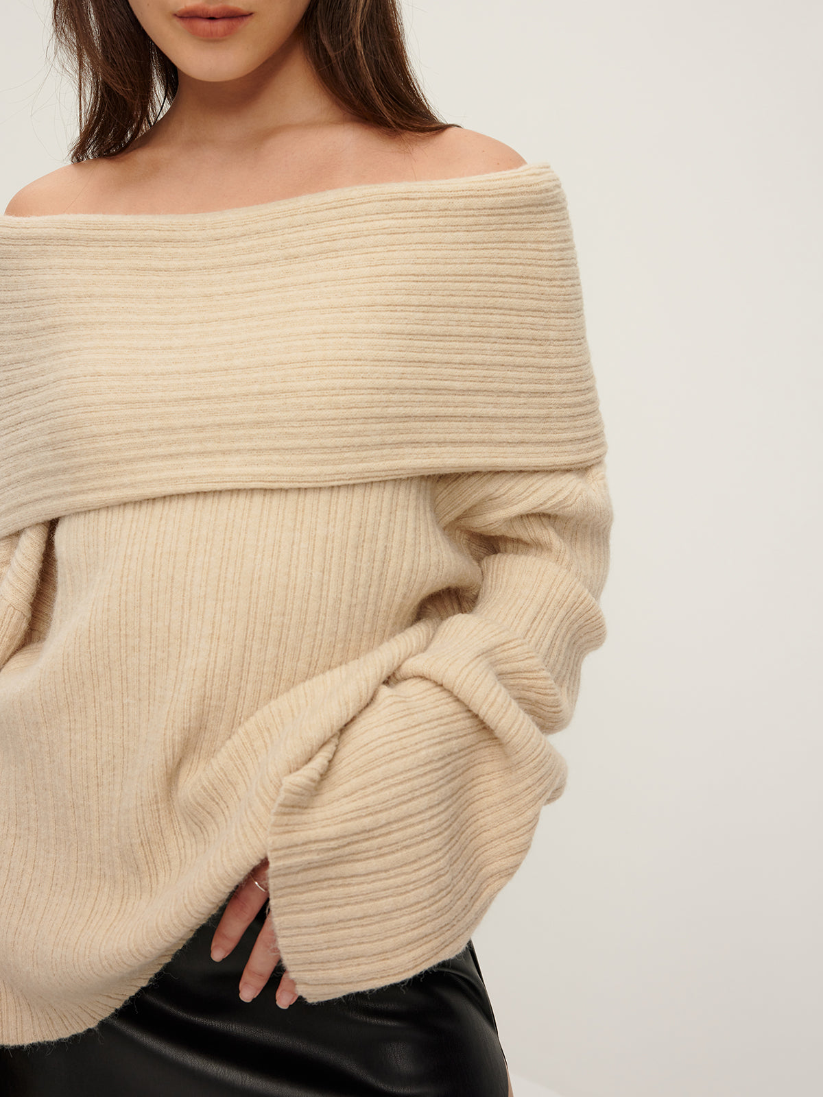 Ribbed Off Shoulder Loose Sweater-CALLISTARI