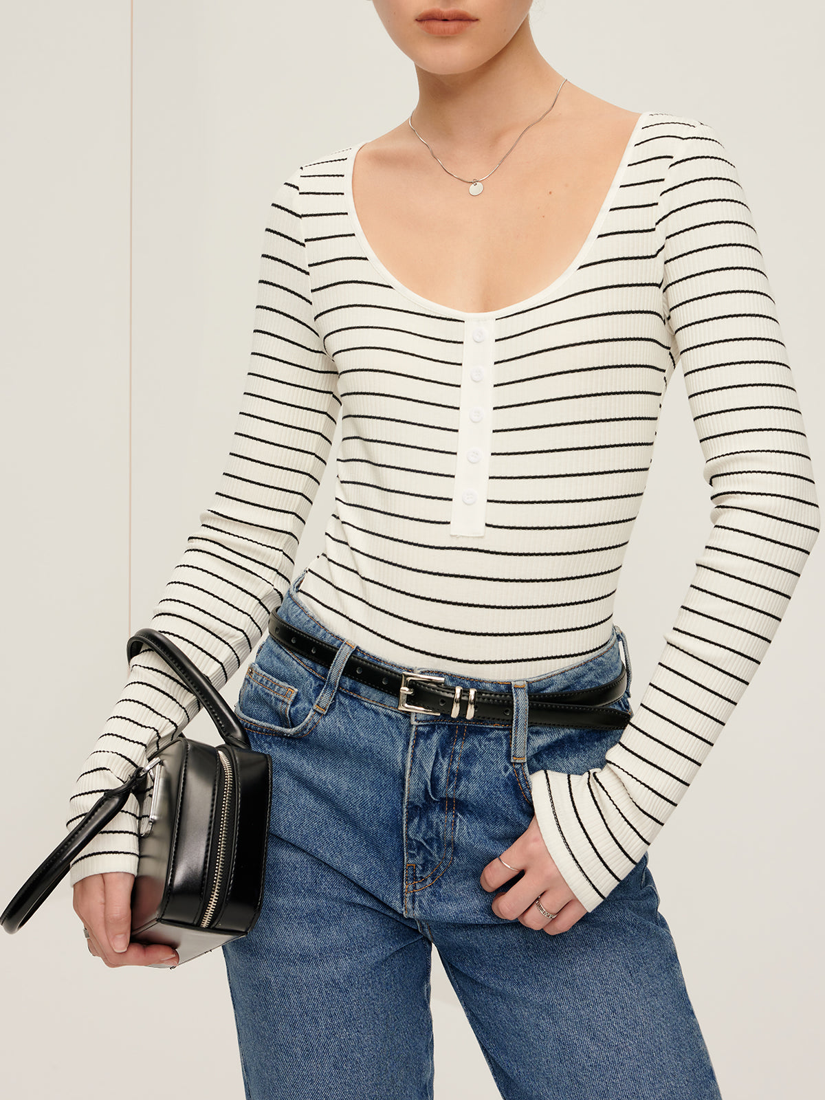 Callistari Striped Breasted Ribbed Bodysuit-CALLISTARI