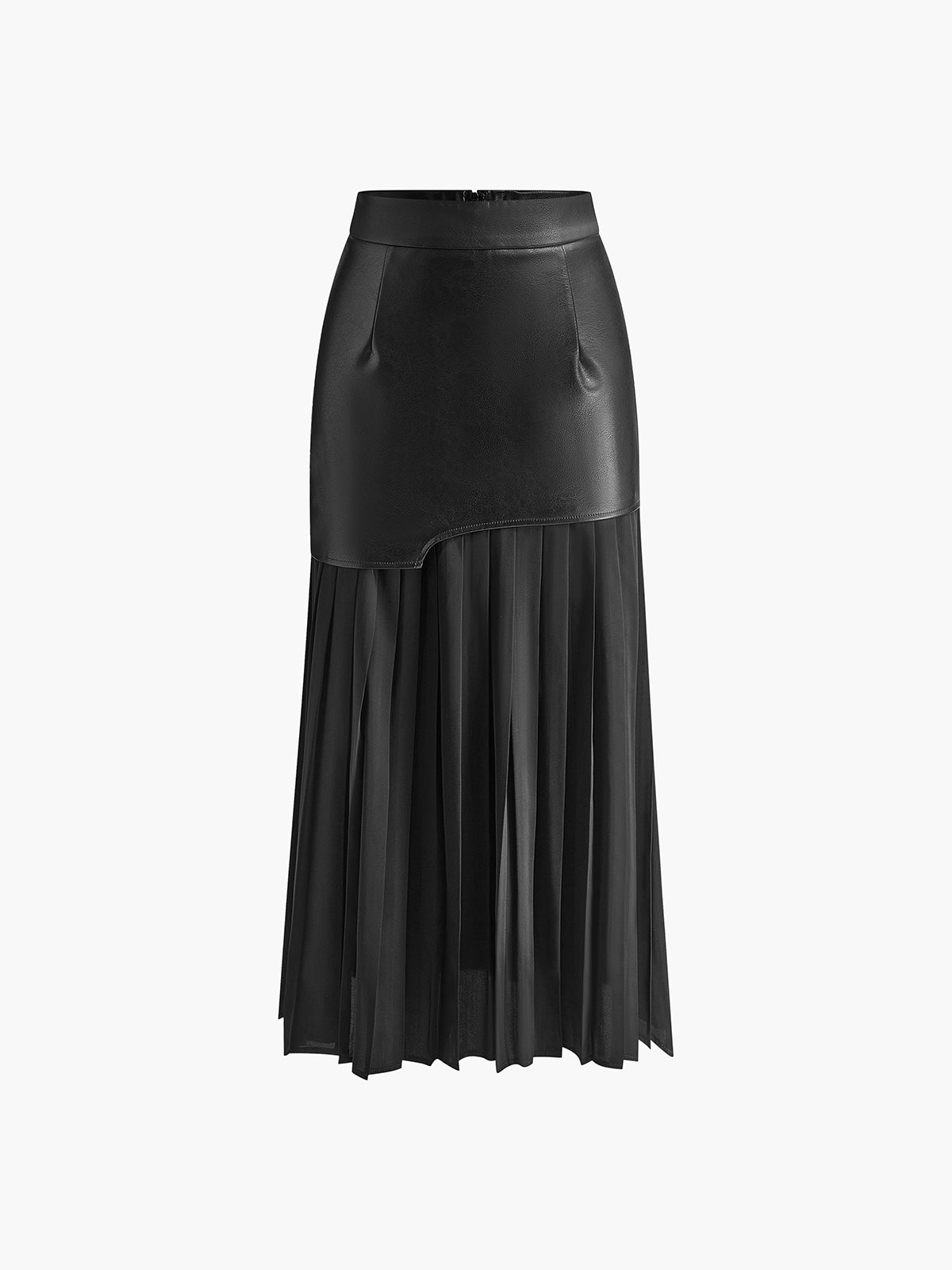 Asymmetric Patchwork Faux Leather Chiffon Pleated Midi Skirt-CALLISTARI