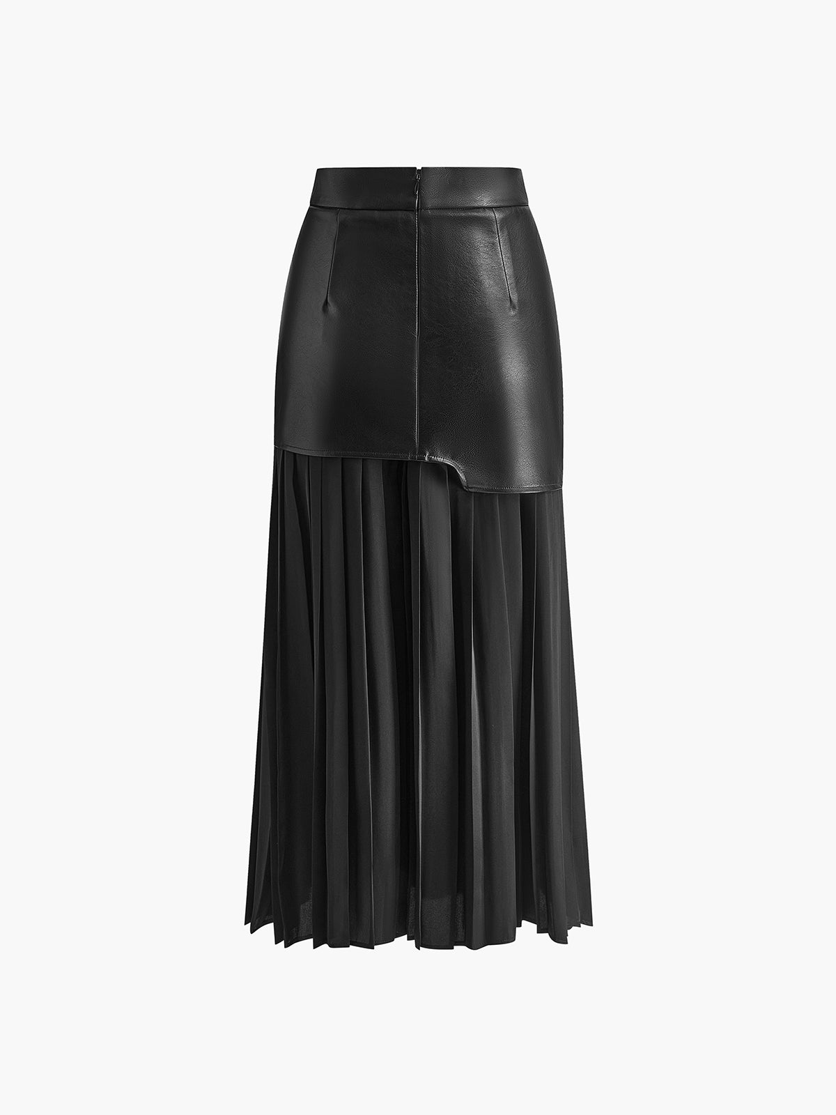 Asymmetric Patchwork Faux Leather Chiffon Pleated Midi Skirt-CALLISTARI