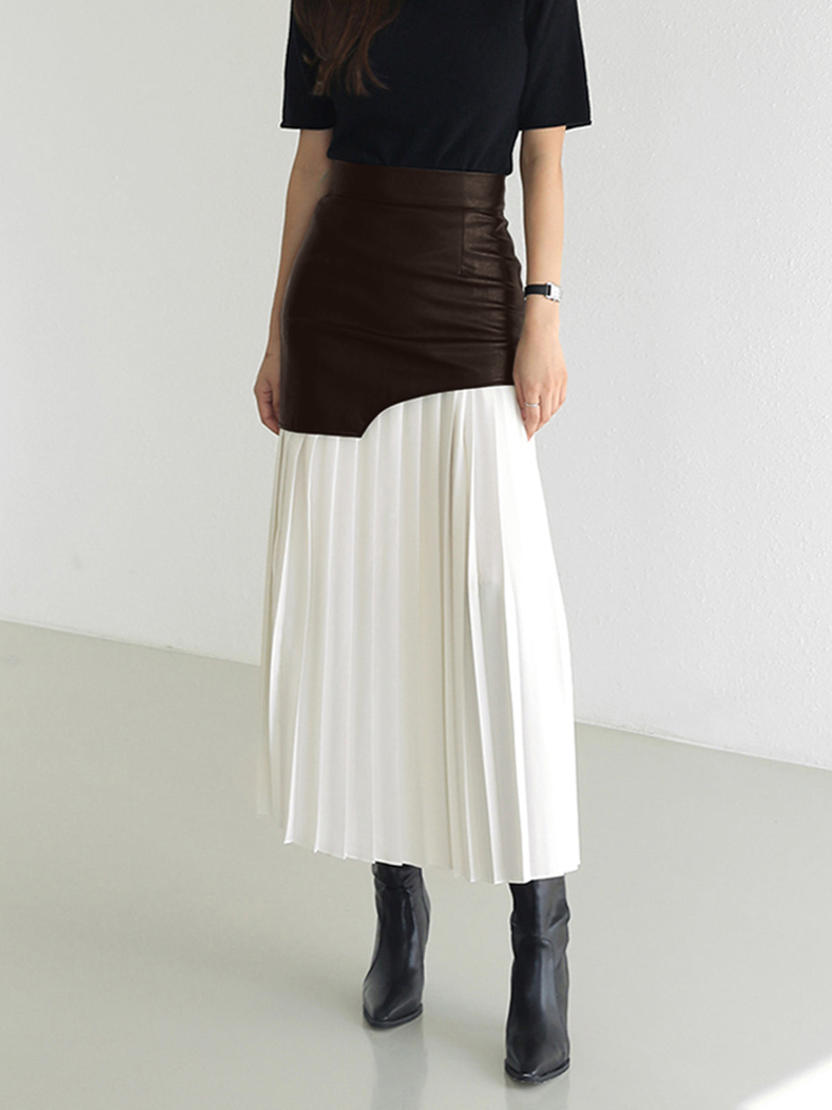 Asymmetric Patchwork Faux Leather Chiffon Pleated Midi Skirt-CALLISTARI