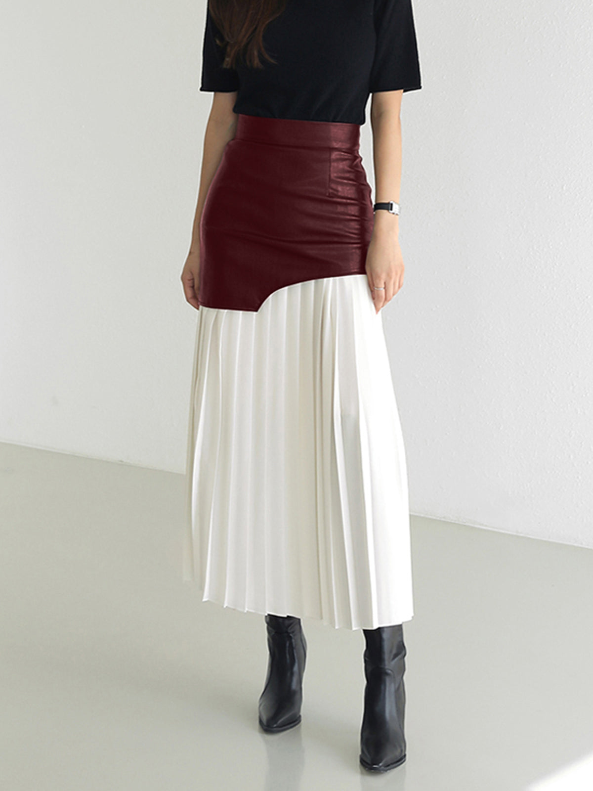 Asymmetric Patchwork Faux Leather Chiffon Pleated Midi Skirt-CALLISTARI