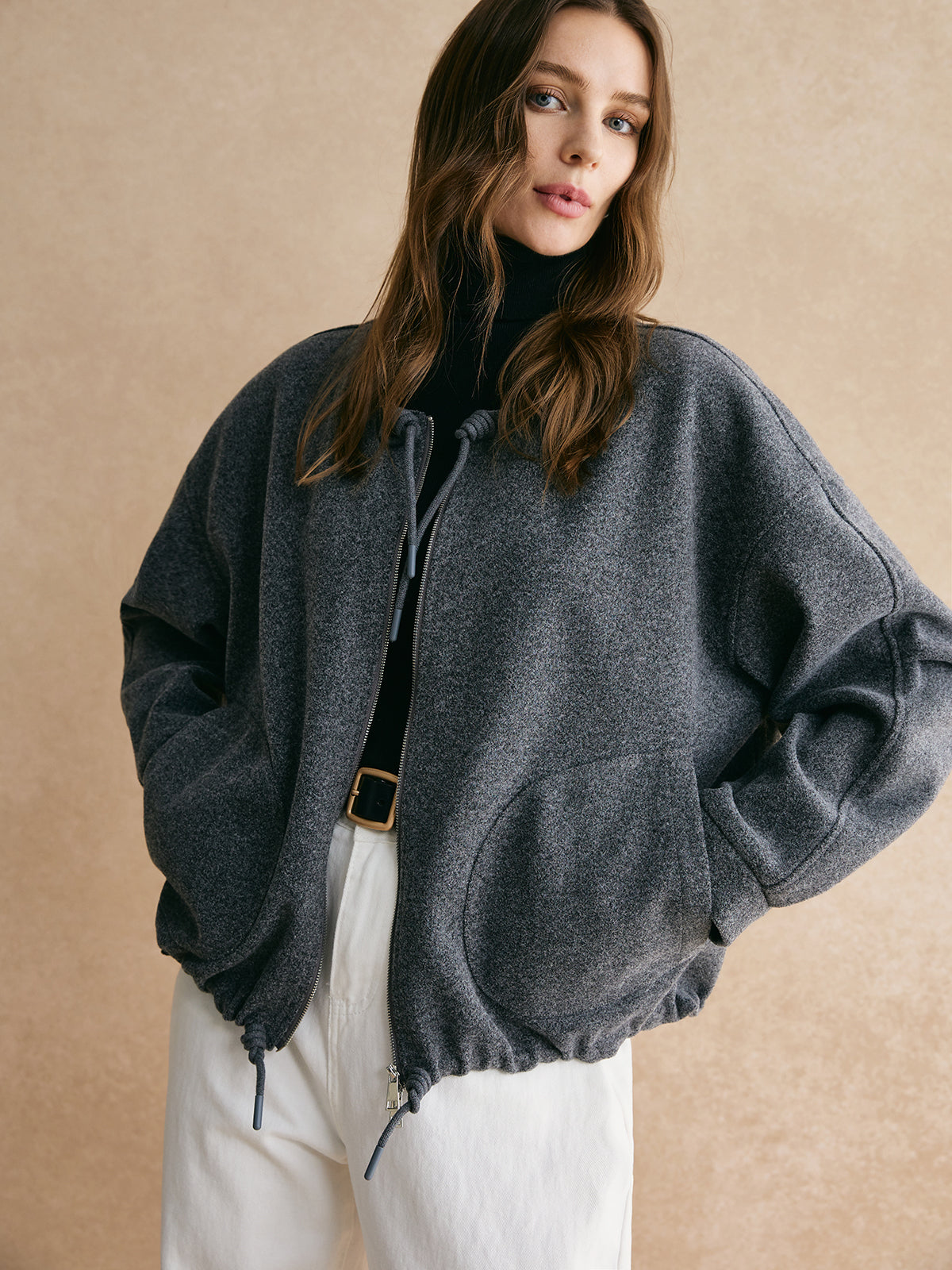 Drawstring Zipper Loose Jacket-CALLISTARI