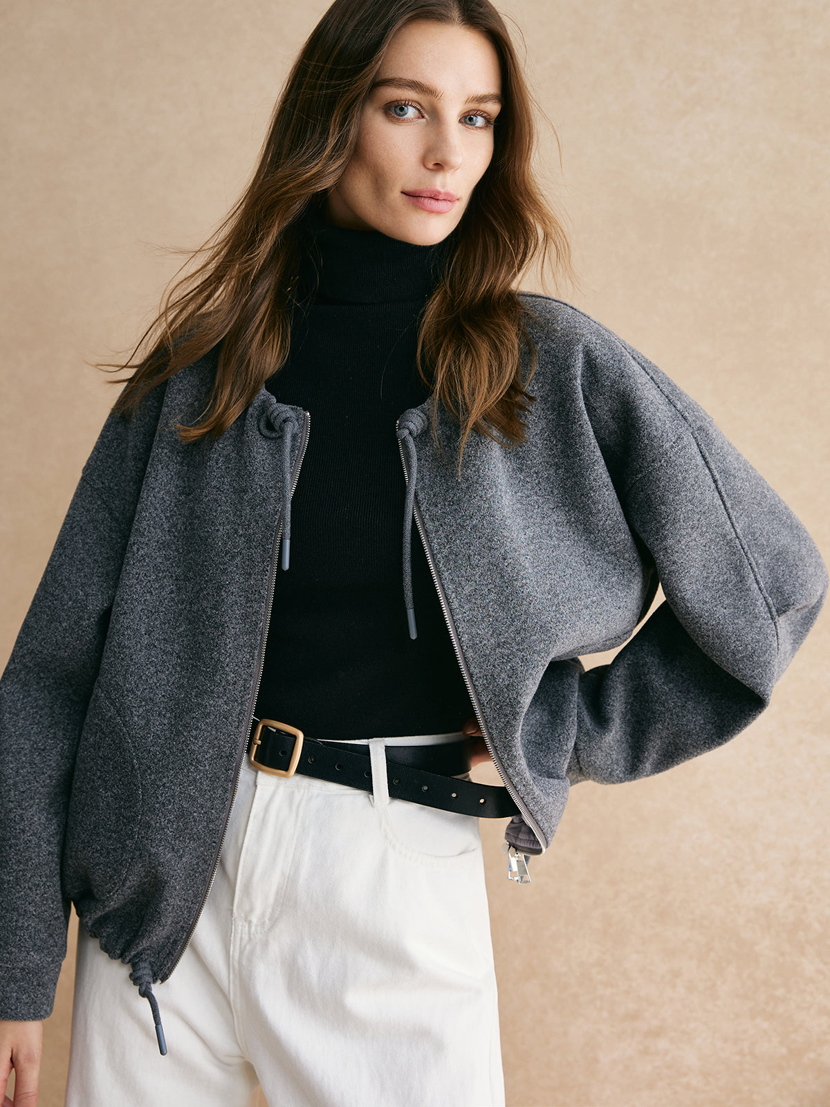 Drawstring Zipper Loose Jacket-CALLISTARI