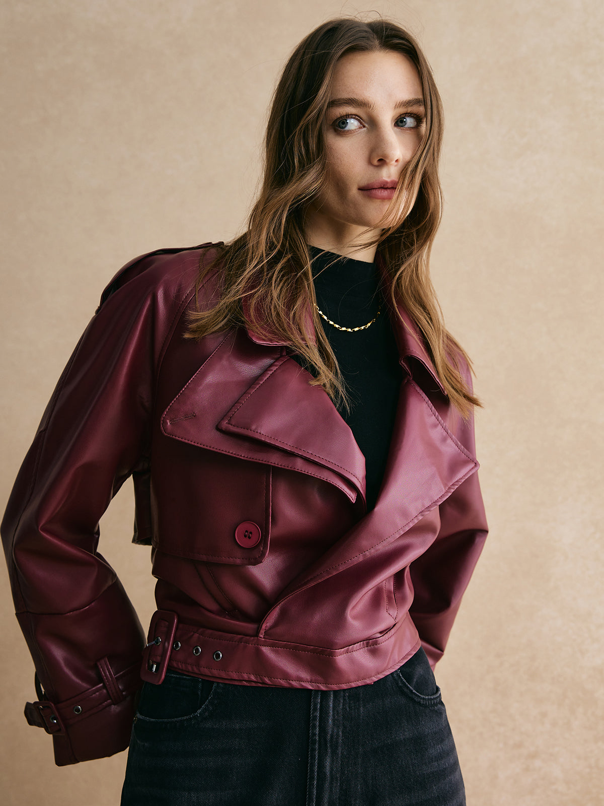 Buckle Design Belted PU Leather Jacket-CALLISTARI