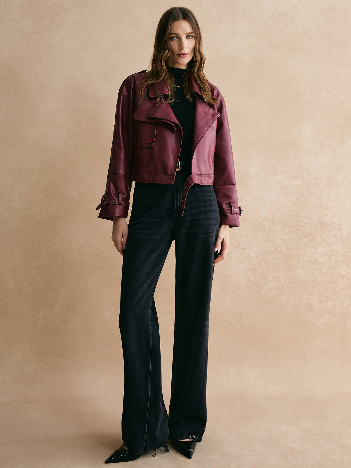 Buckle Design Belted PU Leather Jacket-CALLISTARI