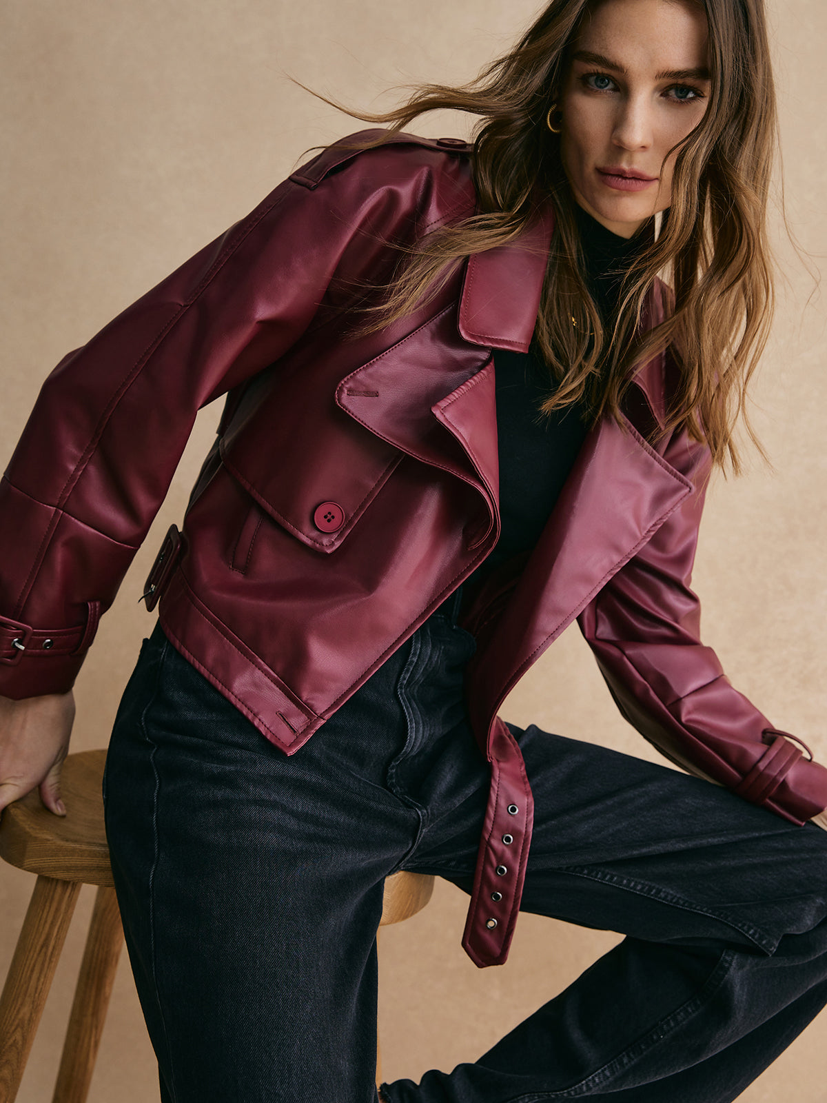 Buckle Design Belted PU Leather Jacket-CALLISTARI