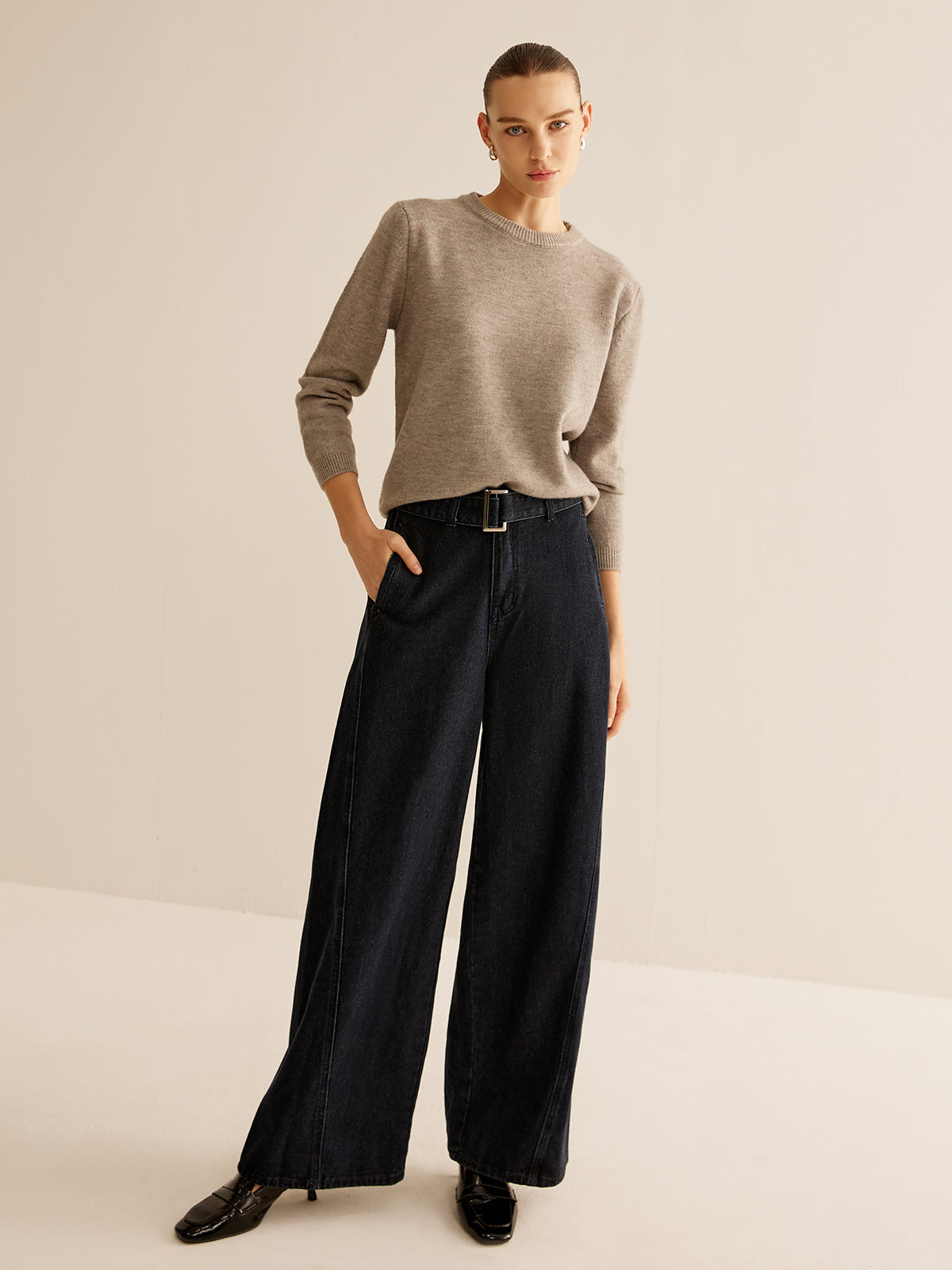 Washed Denim Belted Straight Pants-CALLISTARI