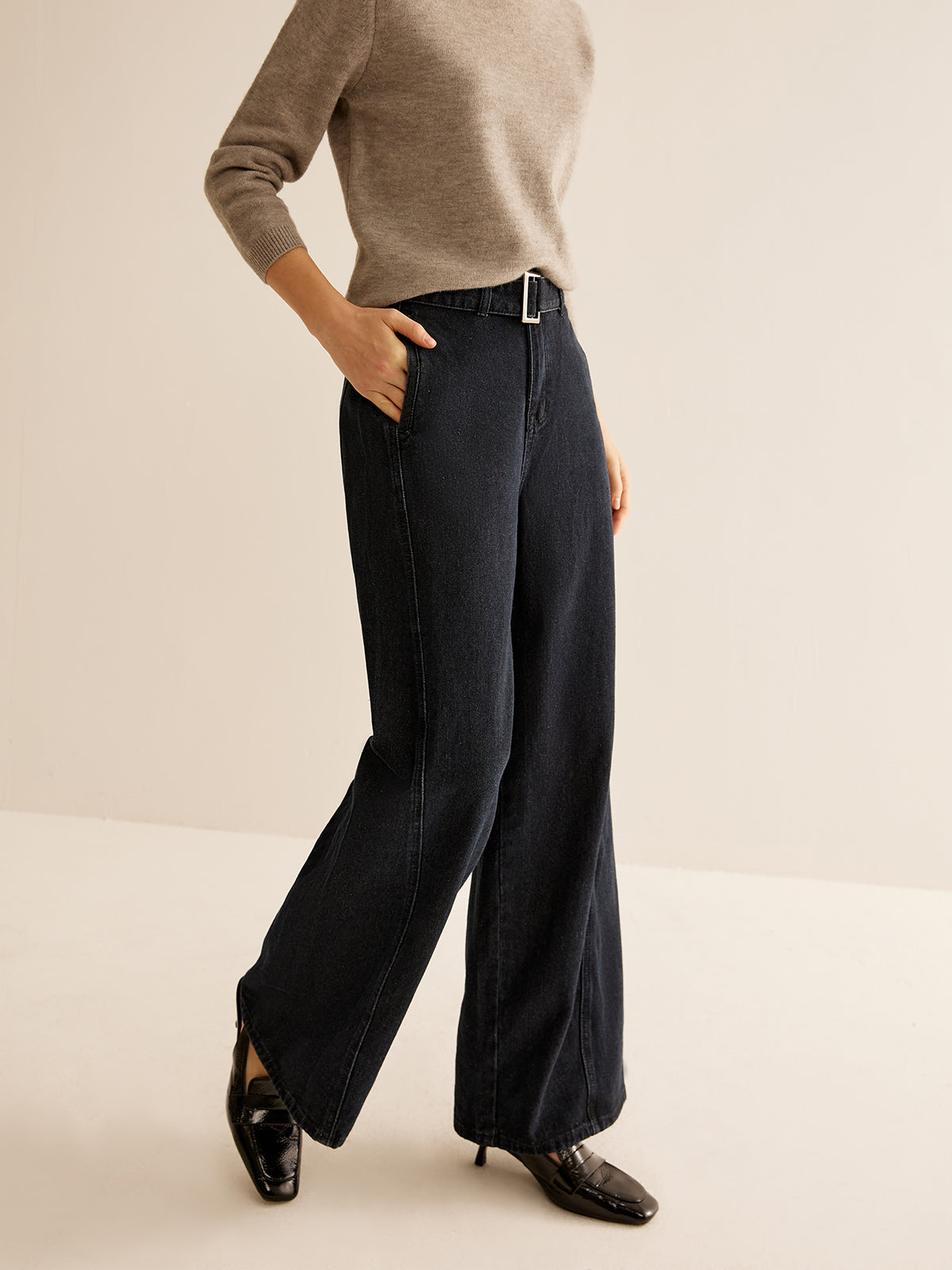 Washed Denim Belted Straight Pants-CALLISTARI
