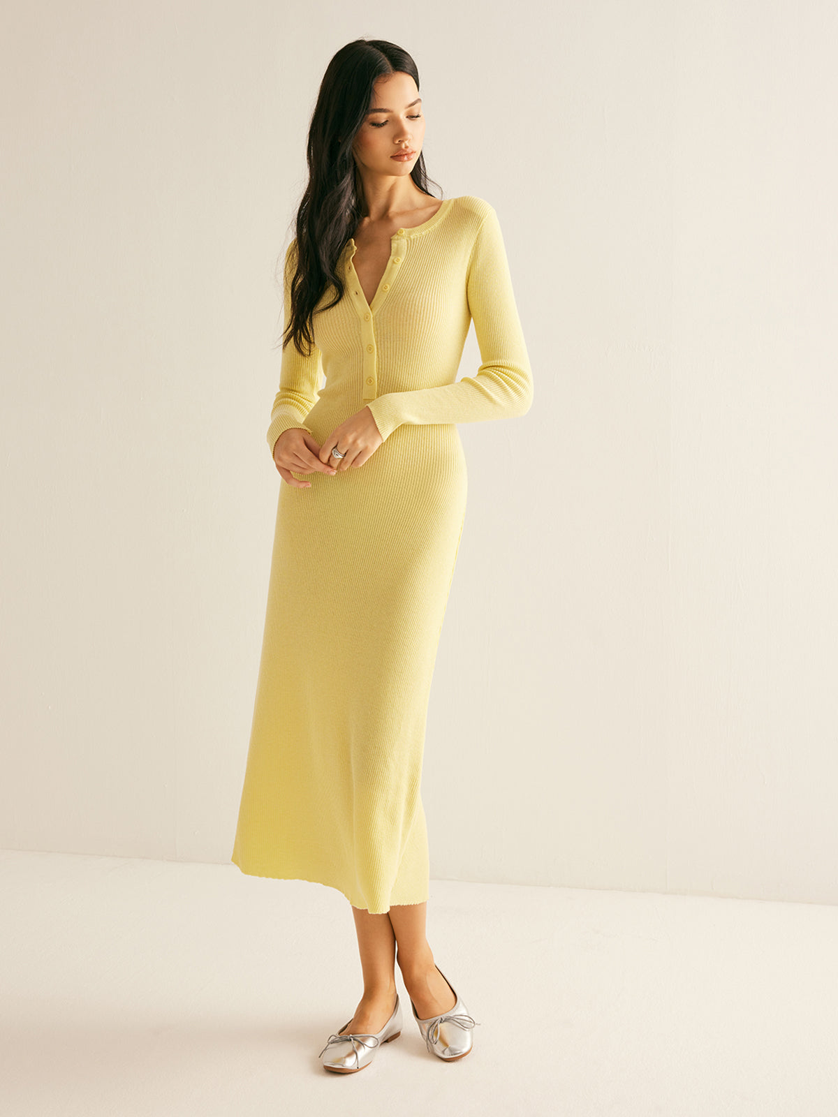 Plain Ribbed Button Sweater Slim Dress-CALLISTARI