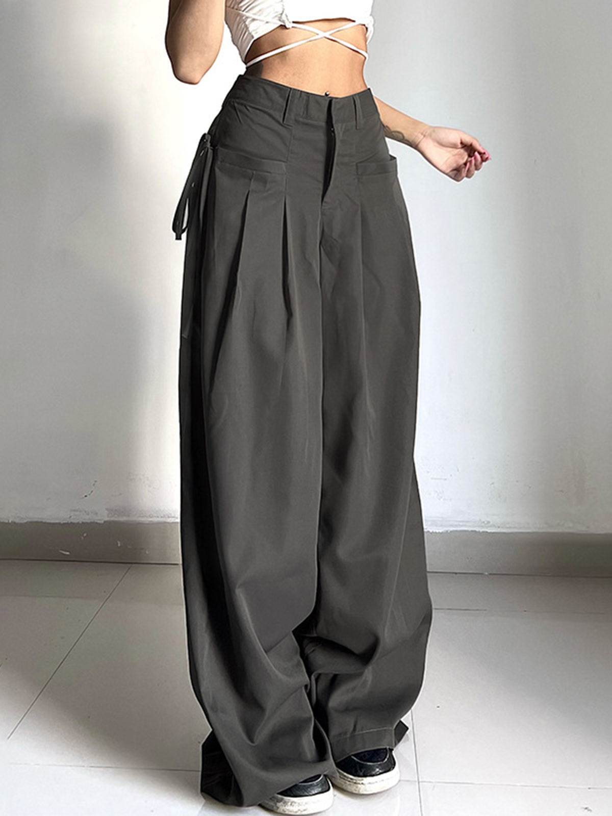 Knotted Pleated Wide-Leg Draped Pants-CALLISTARI