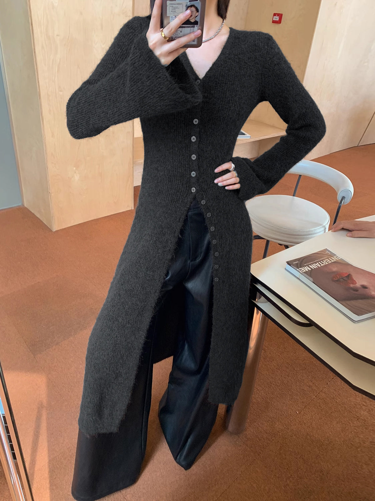 Stacking V-Neck Split Breasted Sweater Dress-CALLISTARI