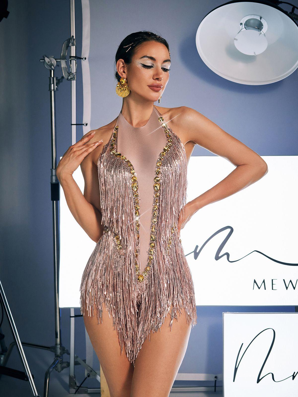 Benicio Halterneck Fringe Sequin Bodysuit - Mew Mews