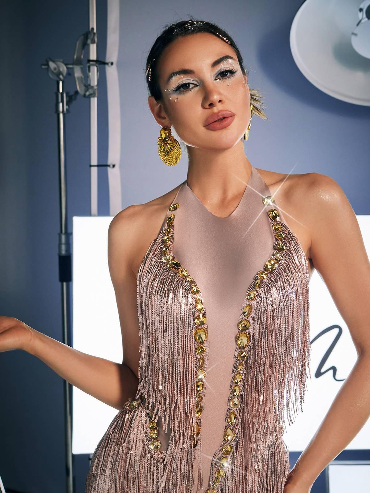 Benicio Halterneck Fringe Sequin Bodysuit - Mew Mews