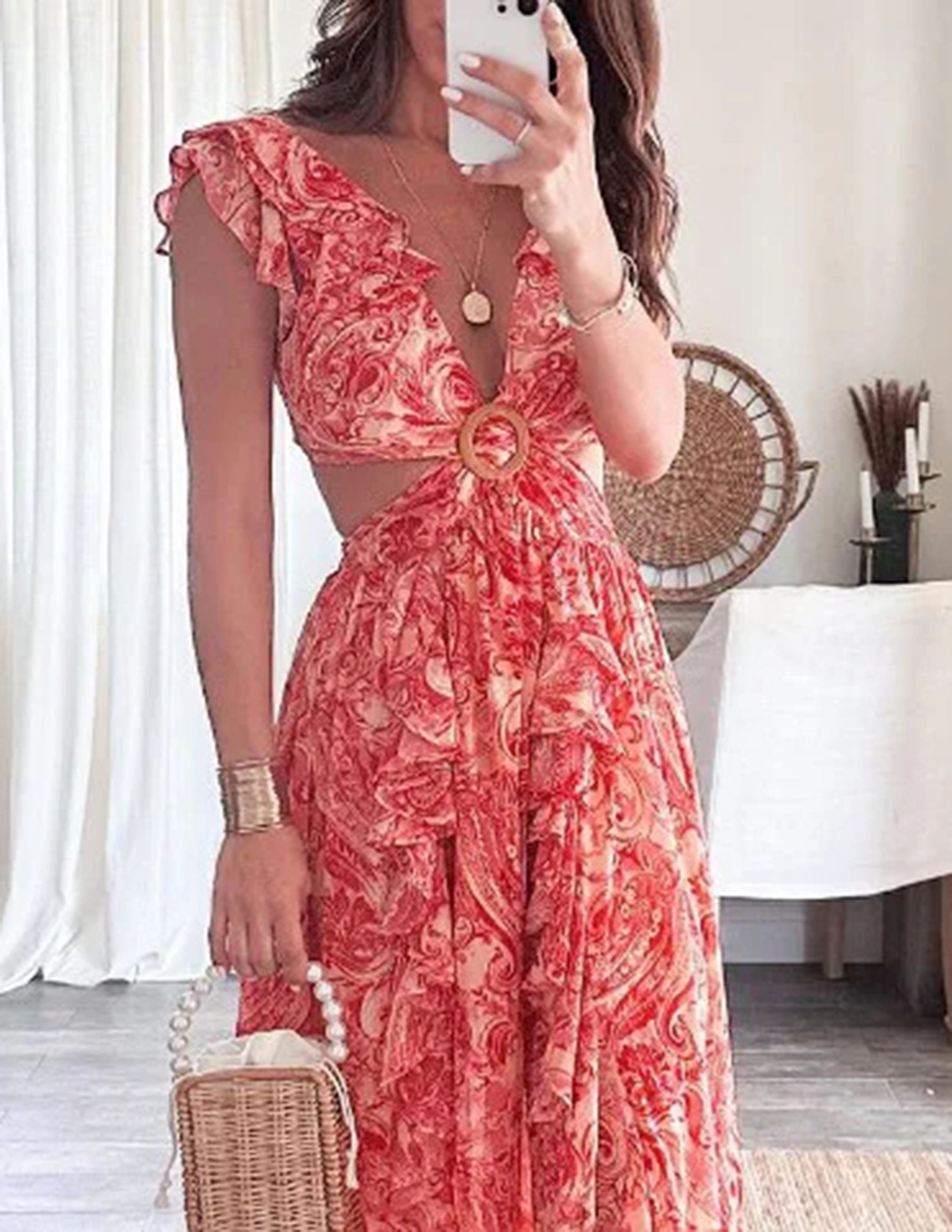 Butterfly Sleeve Print Ruffle Slit Dress-CALLISTARI