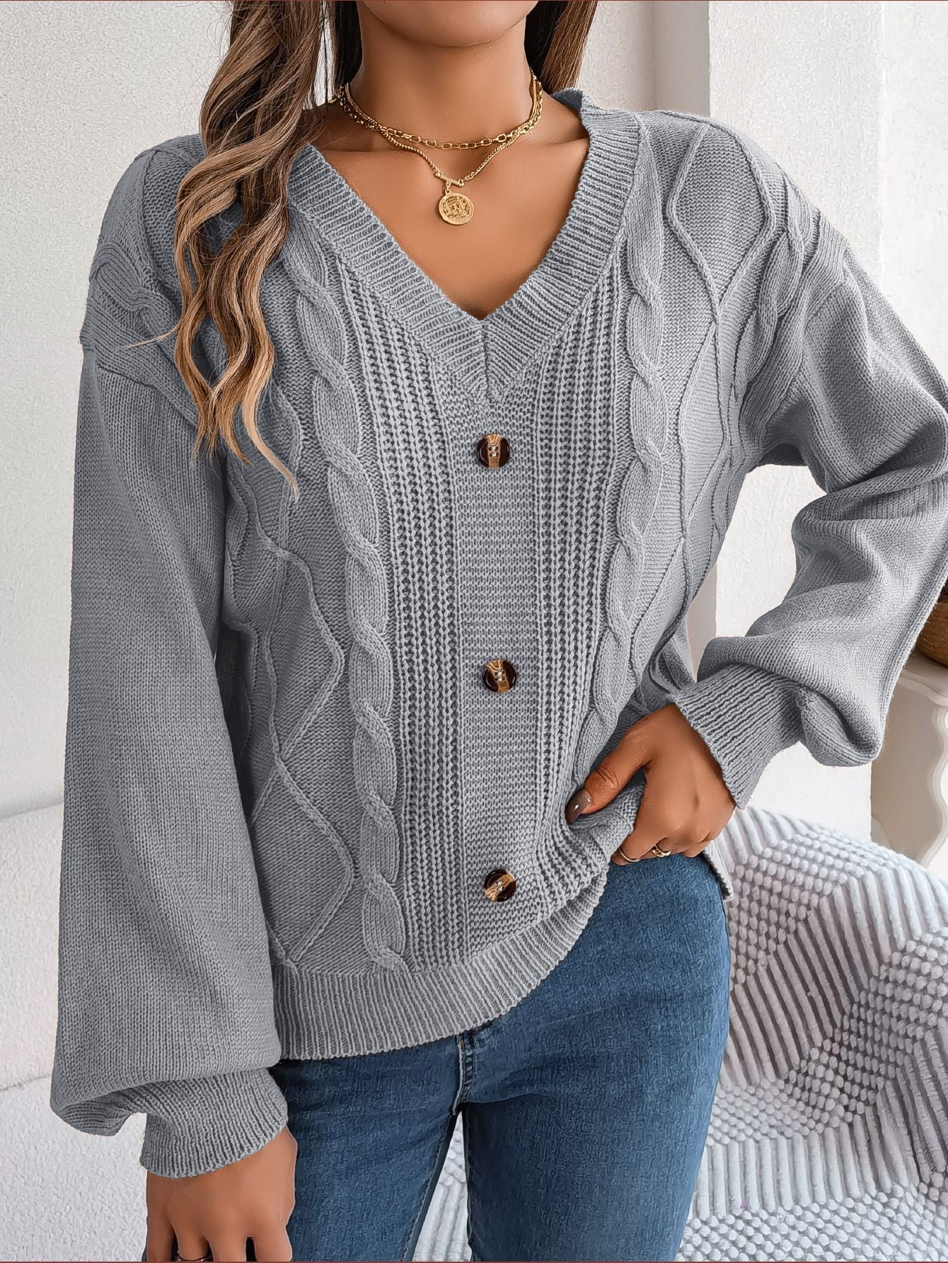Button Twist Knit Lantern Sleeve Pullover Sweater-CALLISTARI