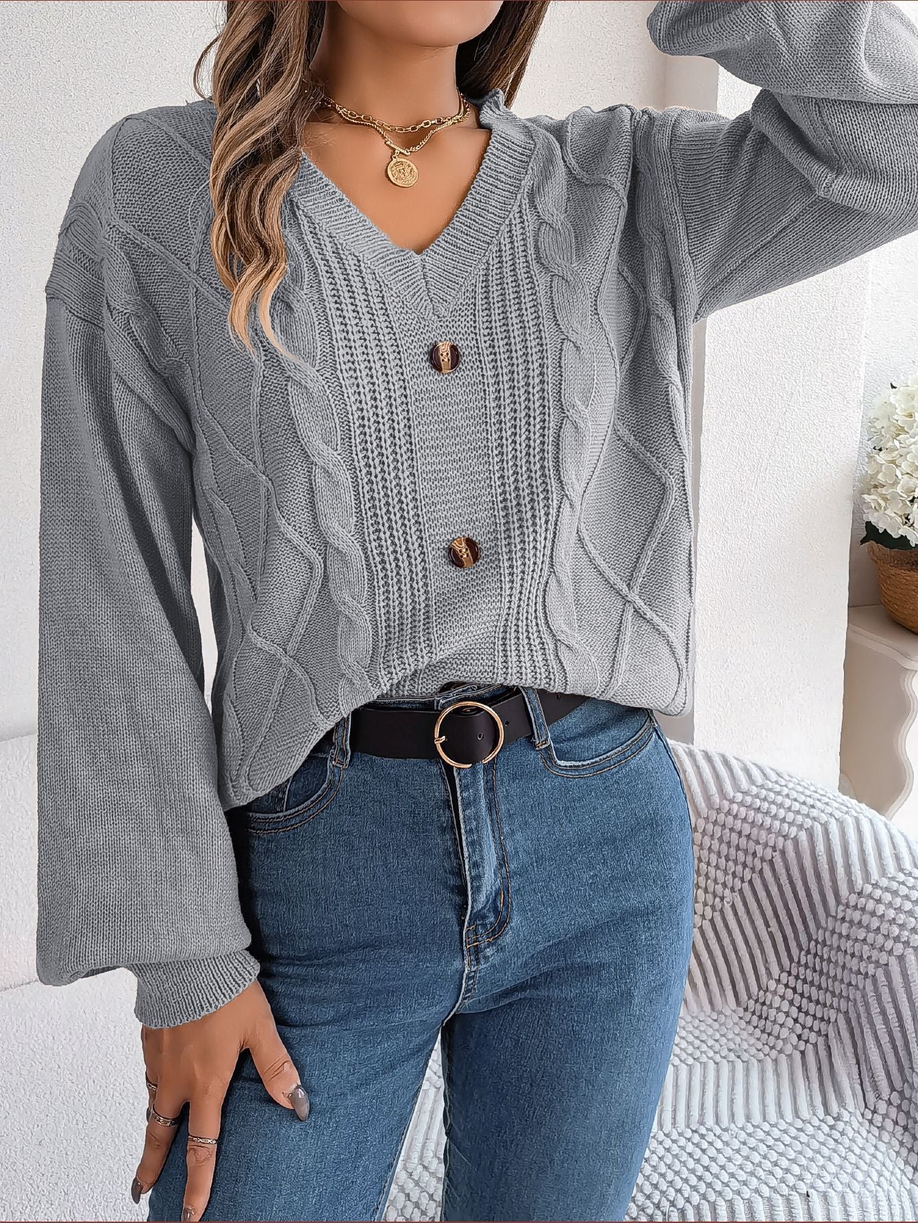 Button Twist Knit Lantern Sleeve Pullover Sweater-CALLISTARI