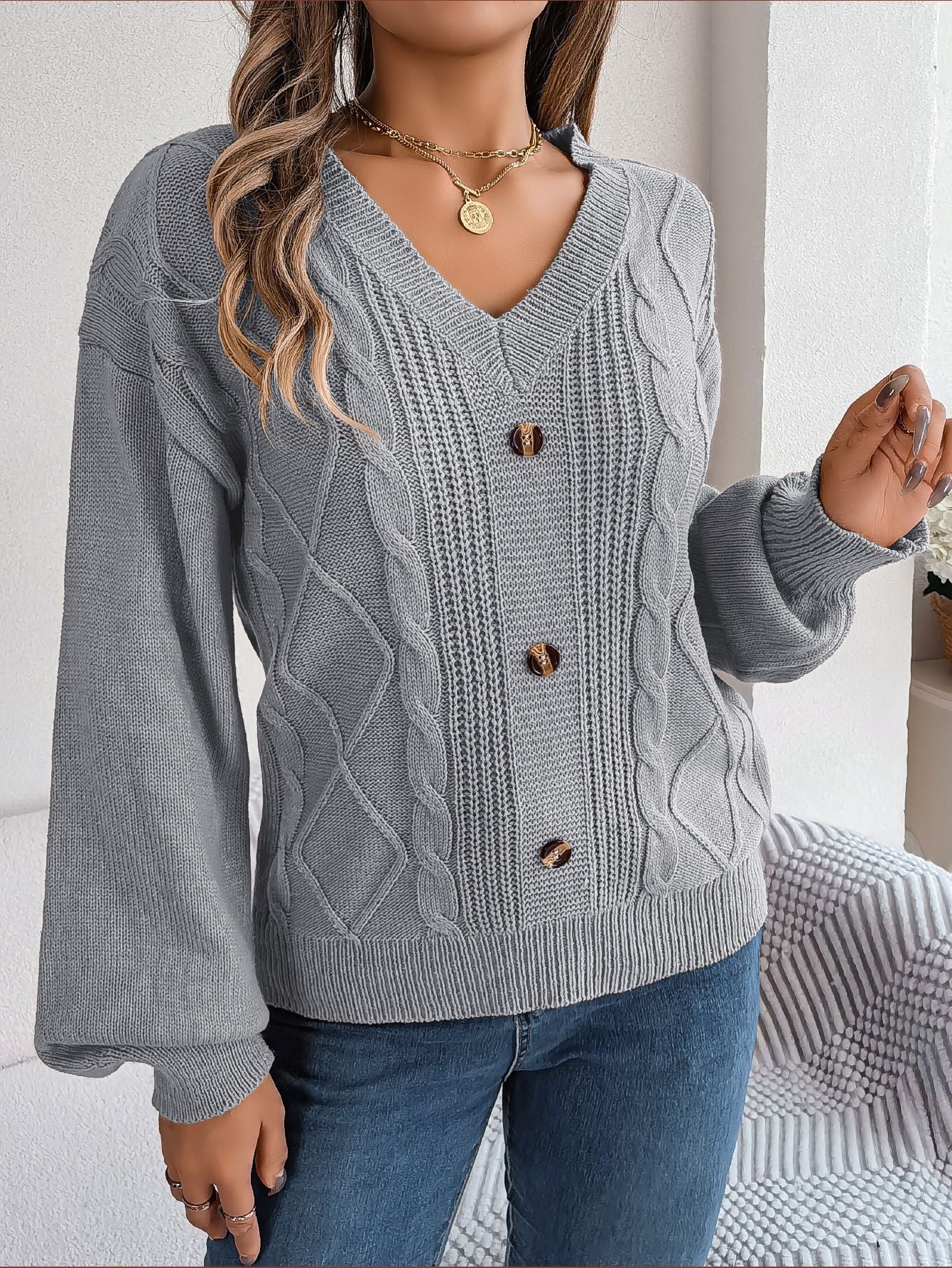 Button Twist Knit Lantern Sleeve Pullover Sweater-CALLISTARI
