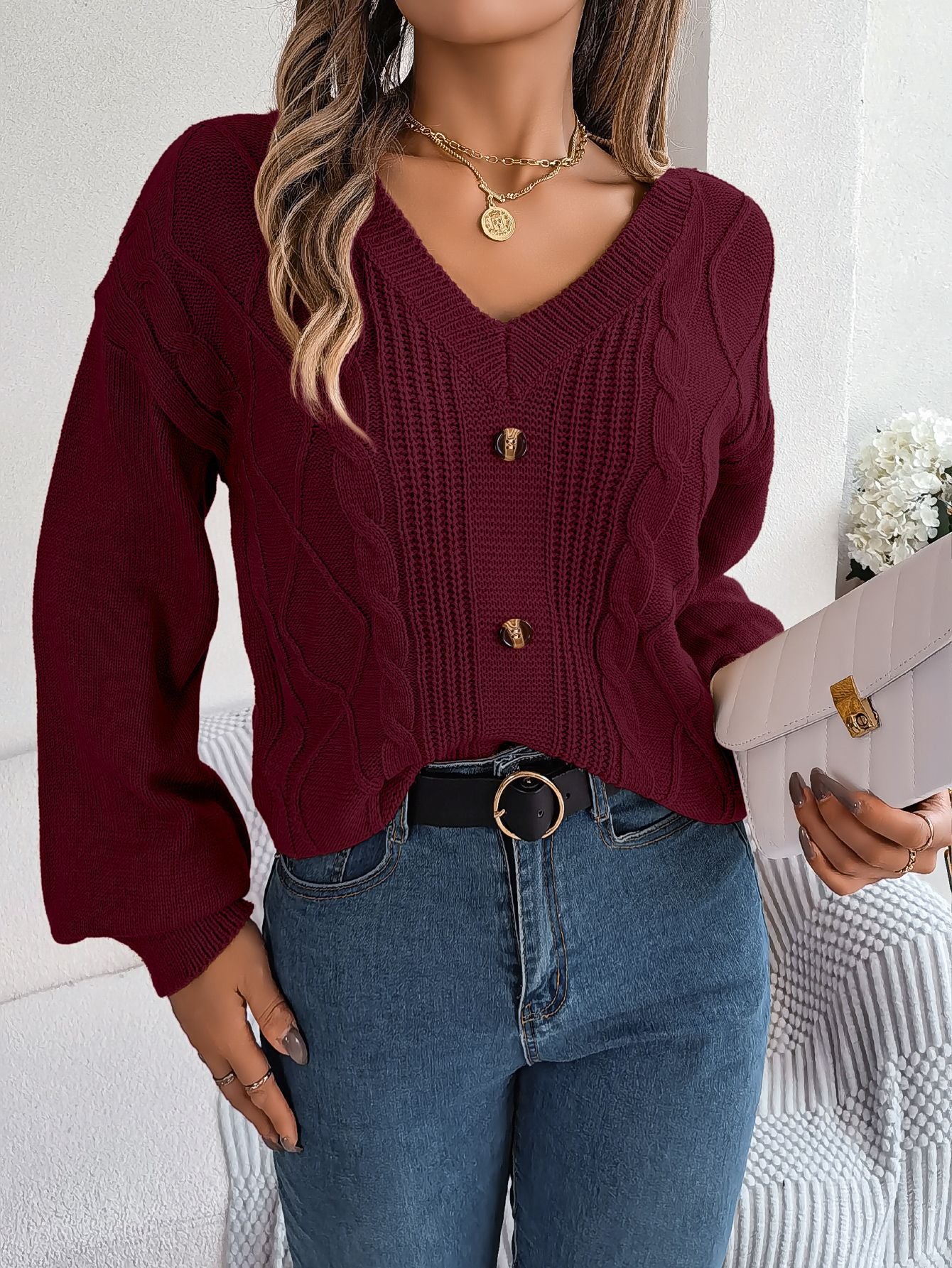 Button Twist Knit Lantern Sleeve Pullover Sweater-CALLISTARI
