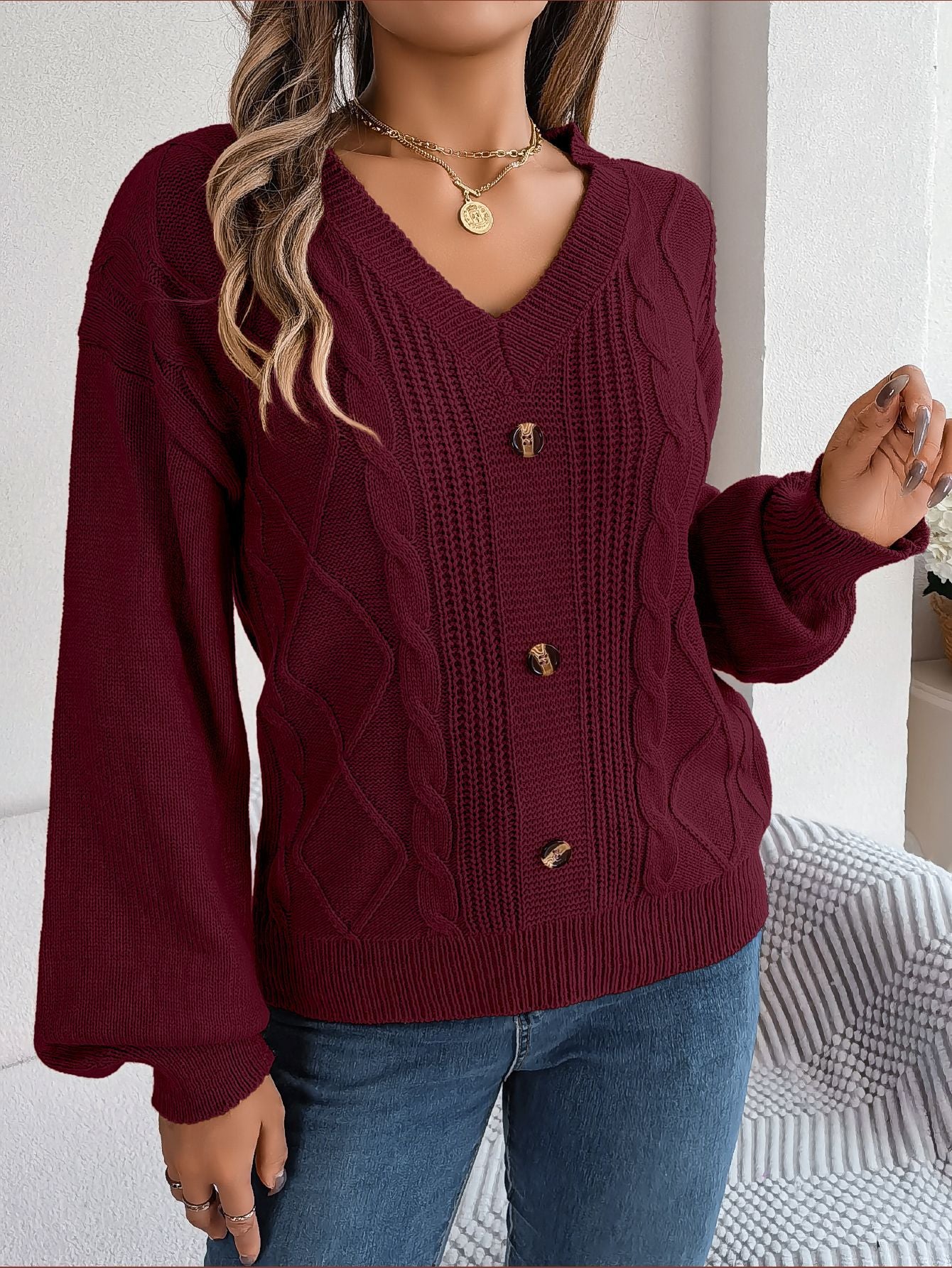 Button Twist Knit Lantern Sleeve Pullover Sweater-CALLISTARI