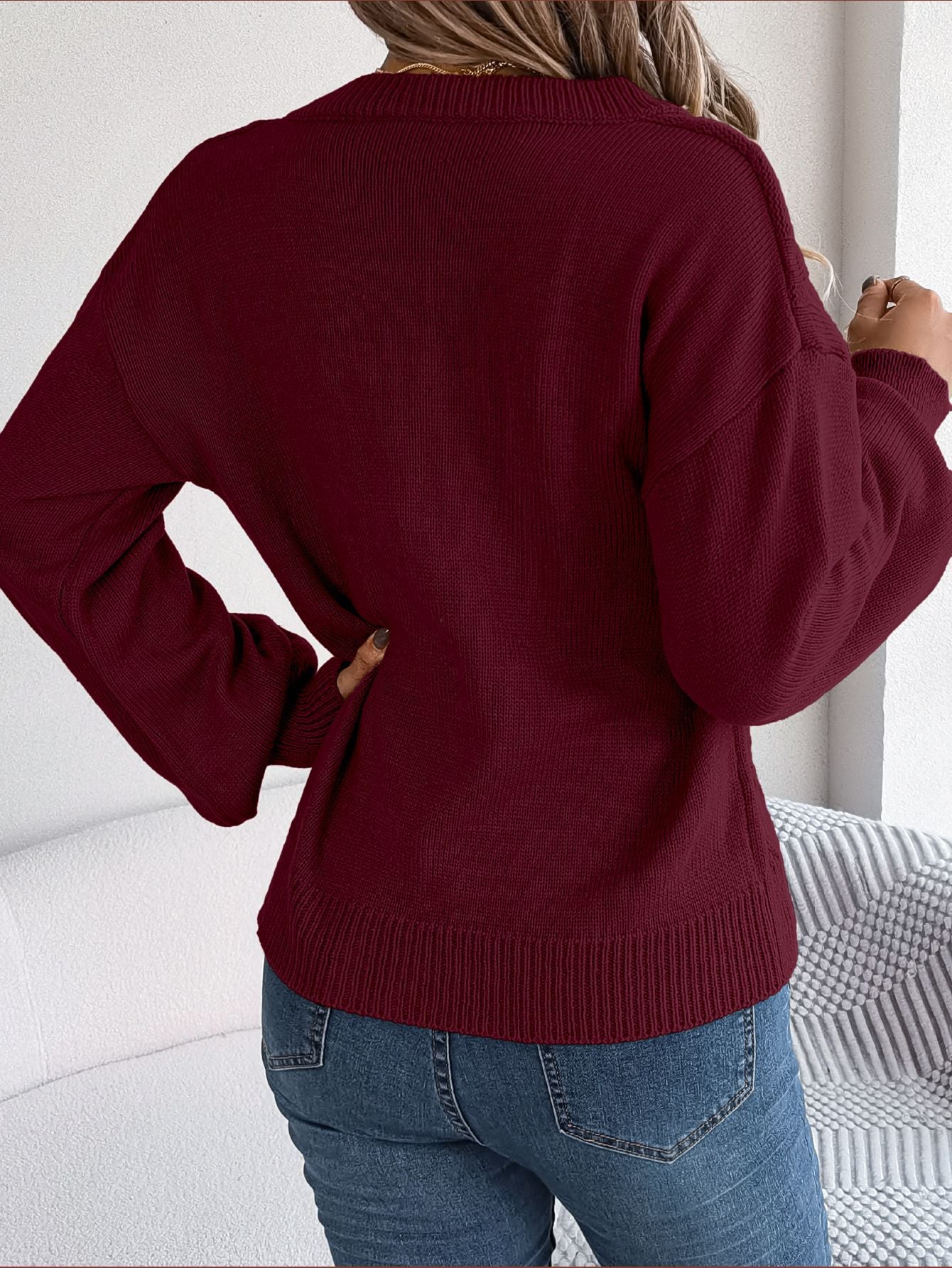 Button Twist Knit Lantern Sleeve Pullover Sweater-CALLISTARI