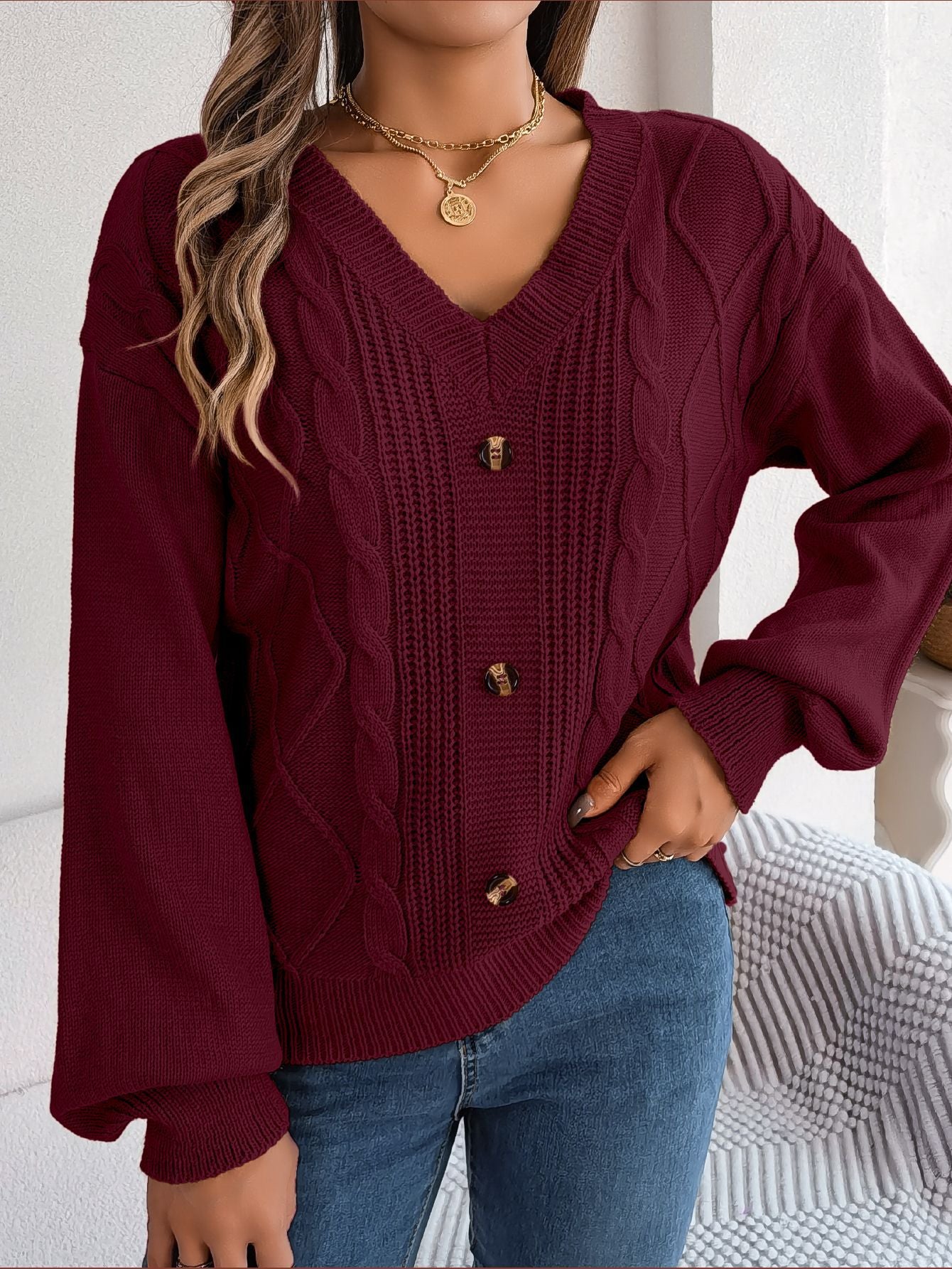 Button Twist Knit Lantern Sleeve Pullover Sweater-CALLISTARI