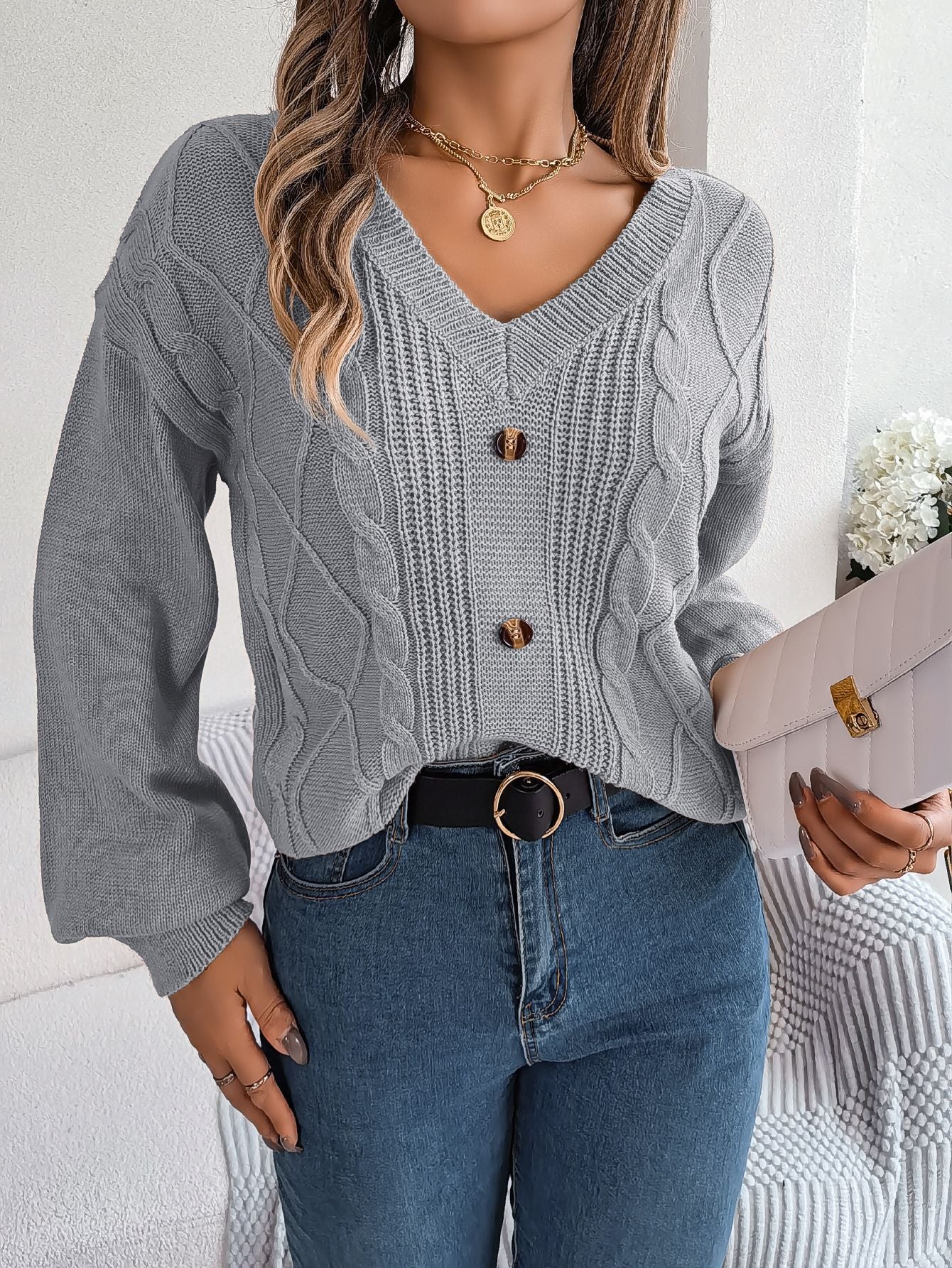 Button Twist Knit Lantern Sleeve Pullover Sweater-CALLISTARI