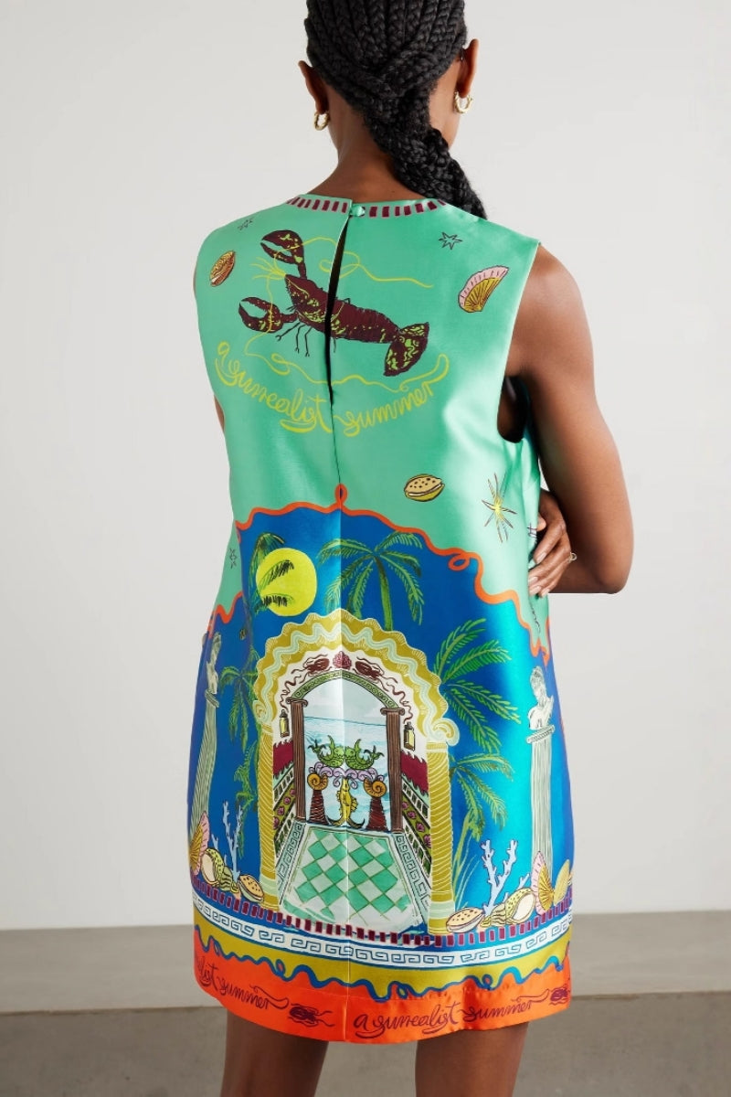 Botanical Print Satin Dress-aritzao