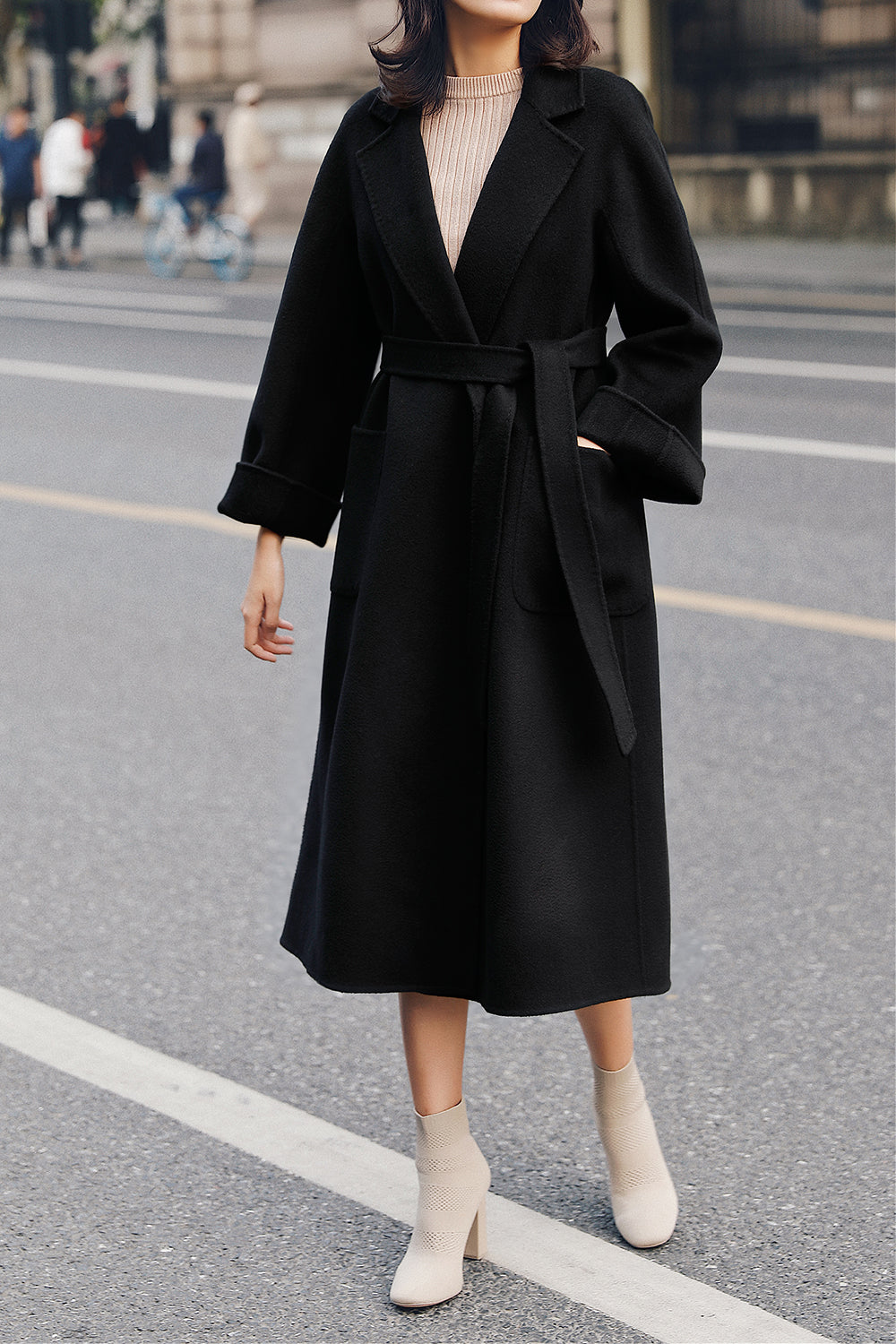 Black Lapel Neck Belted Wool Coat With Pockets-CALLISTARI