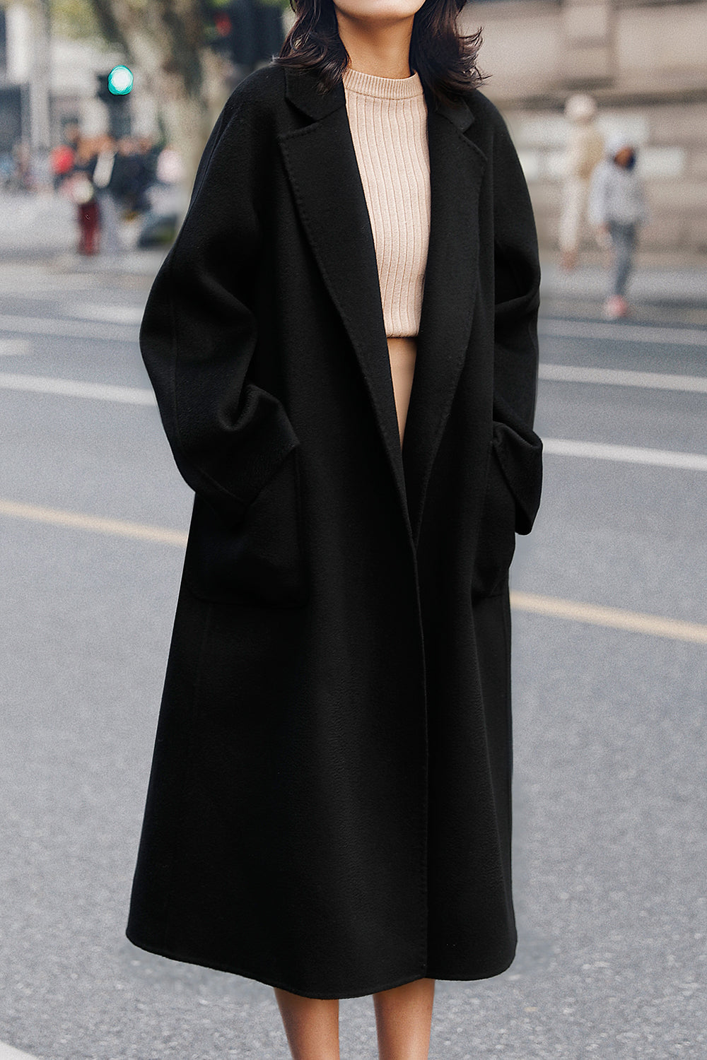 Black Lapel Neck Belted Wool Coat With Pockets-CALLISTARI