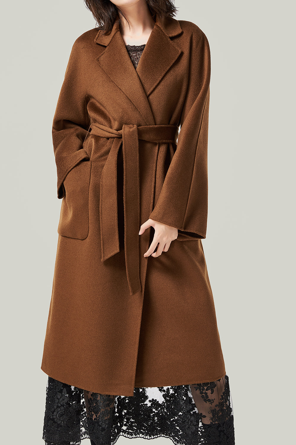 Black Lapel Neck Belted Wool Coat With Pockets-CALLISTARI