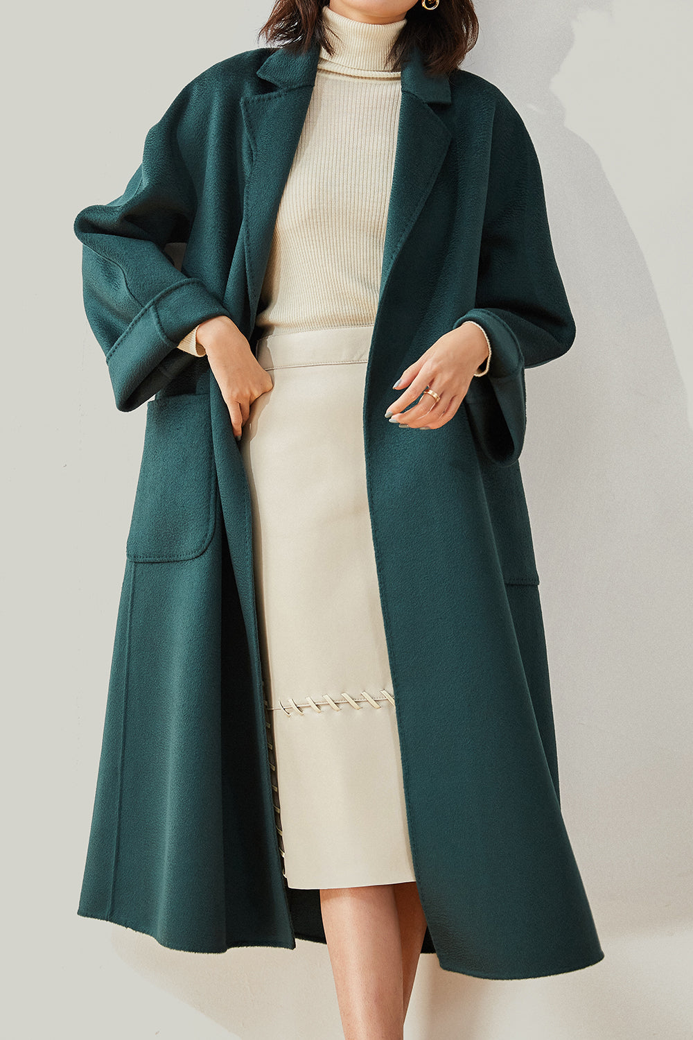 Black Lapel Neck Belted Wool Coat With Pockets-CALLISTARI