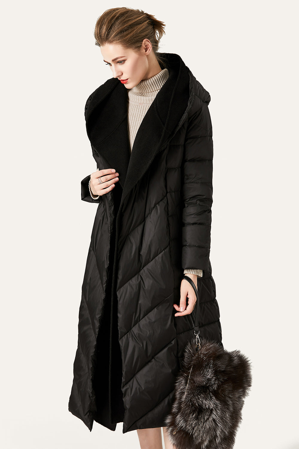 Ivory Button Quilted Puffer Jacket with Faux Fur Hood-CALLISTARI