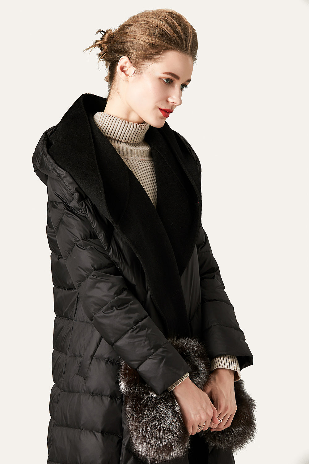 Ivory Button Quilted Puffer Jacket with Faux Fur Hood-CALLISTARI