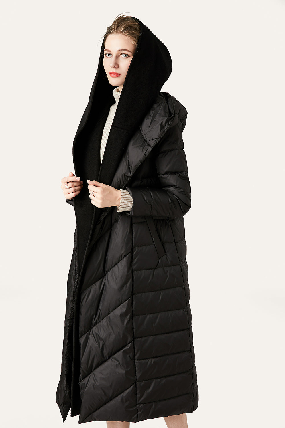 Black Button Quilted Puffer Jacket with Faux Fur Hood-CALLISTARI