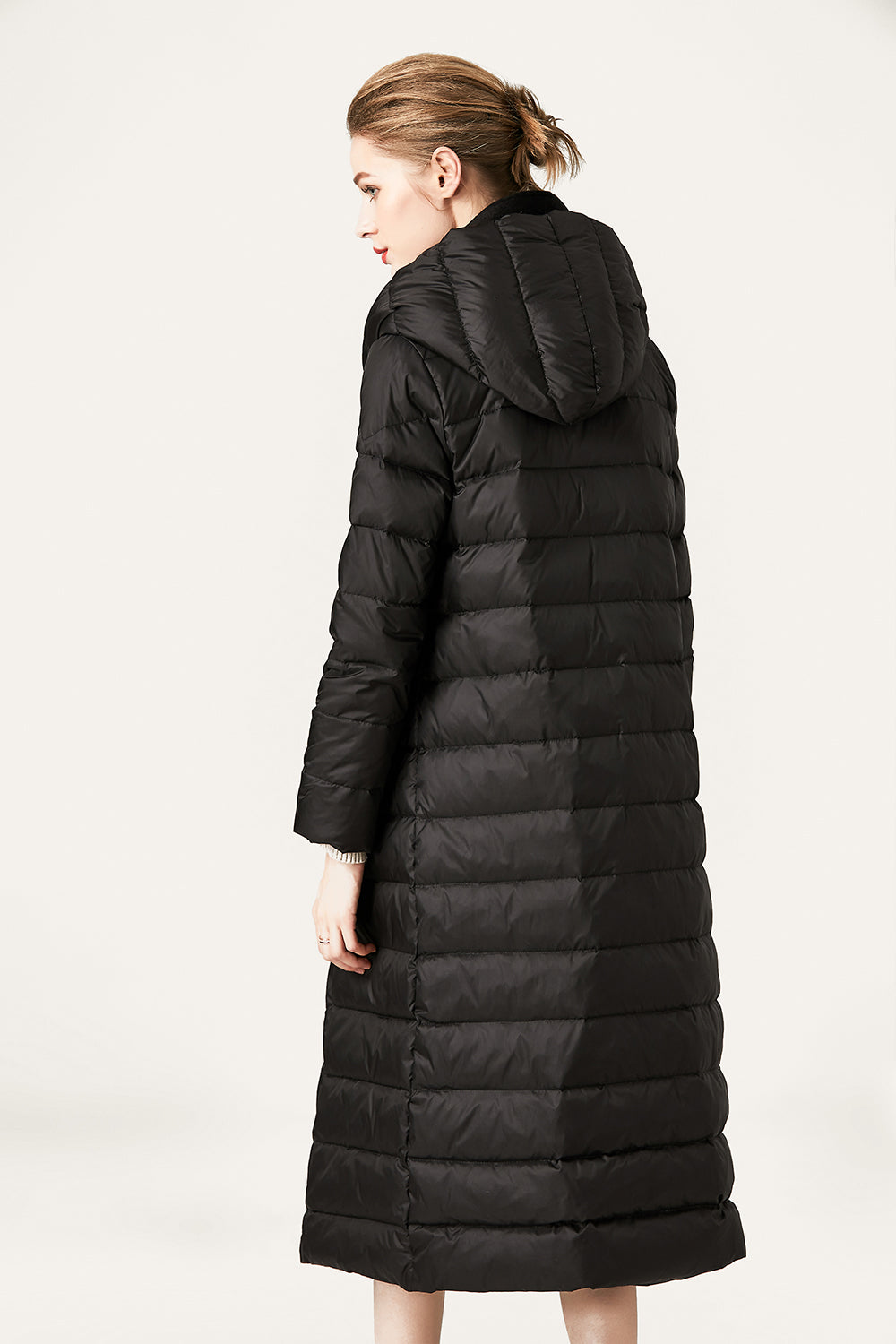 Black Button Quilted Puffer Jacket with Faux Fur Hood-CALLISTARI