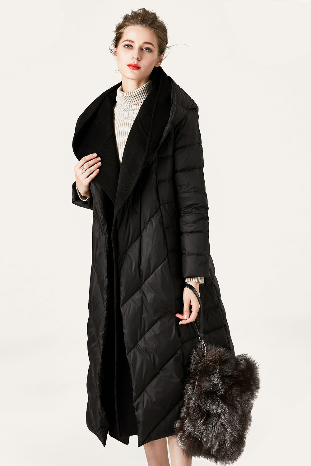 Black Button Quilted Puffer Jacket with Faux Fur Hood-CALLISTARI