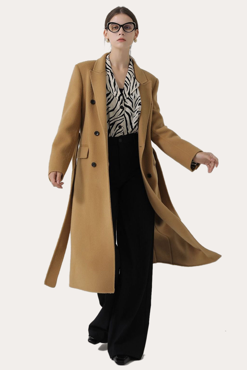Pink Peak Lapel Double Breasted Long Women Wool Coat-CALLISTARI