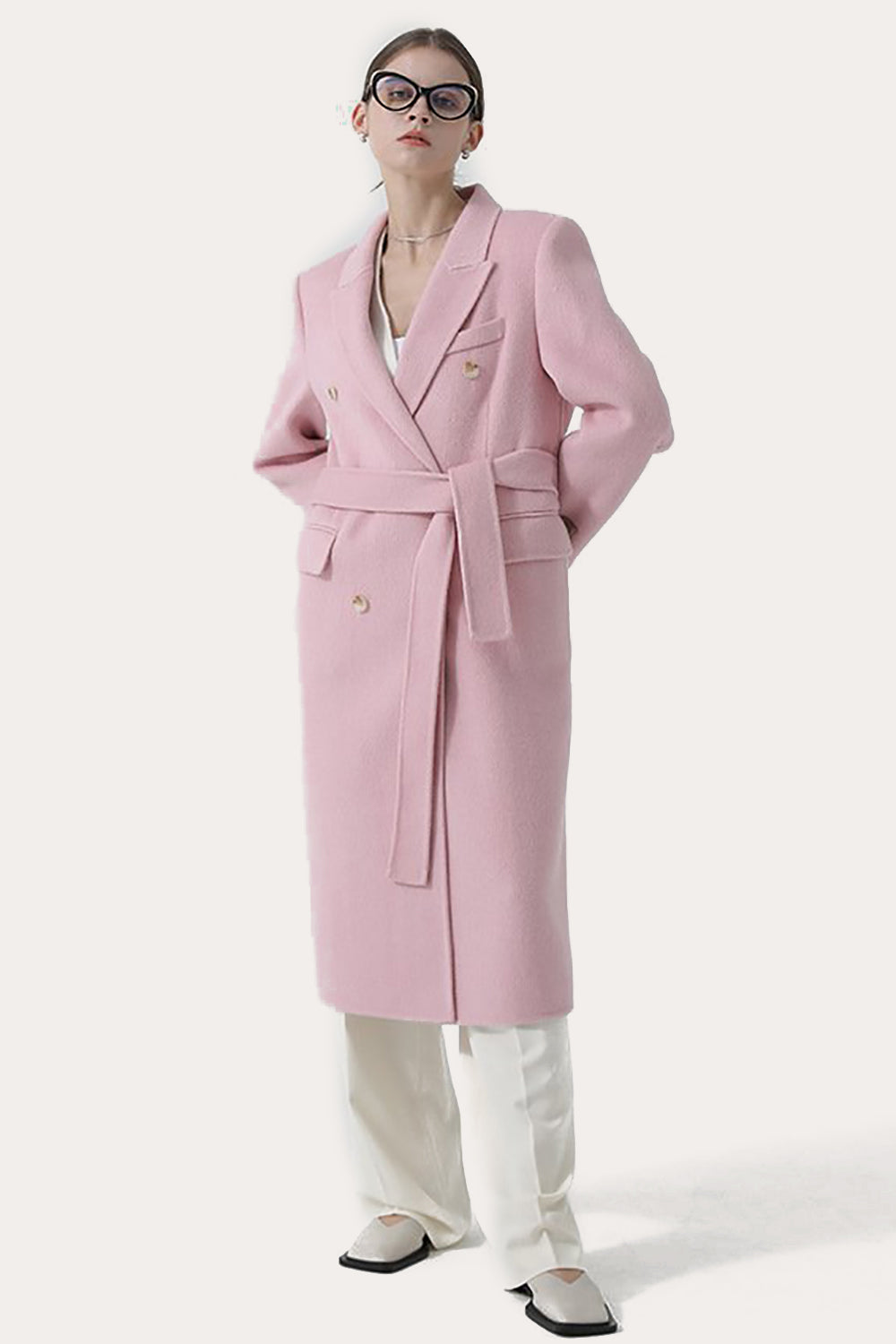 Pink Peak Lapel Double Breasted Long Women Wool Coat-CALLISTARI
