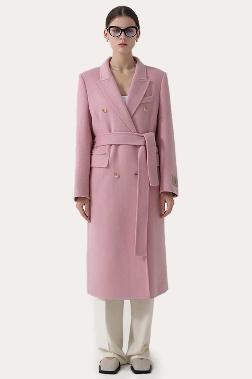 Pink Peak Lapel Double Breasted Long Women Wool Coat-CALLISTARI