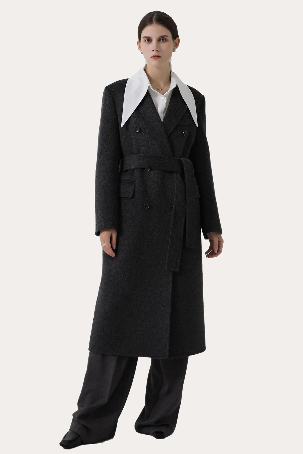 Dark Grey Double Breasted Peak Lapel Long Slim Fit Wool Coat-CALLISTARI