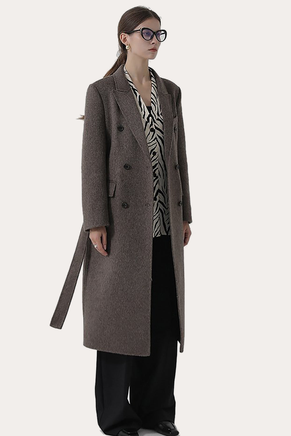 Dark Grey Double Breasted Peak Lapel Long Slim Fit Wool Coat-CALLISTARI