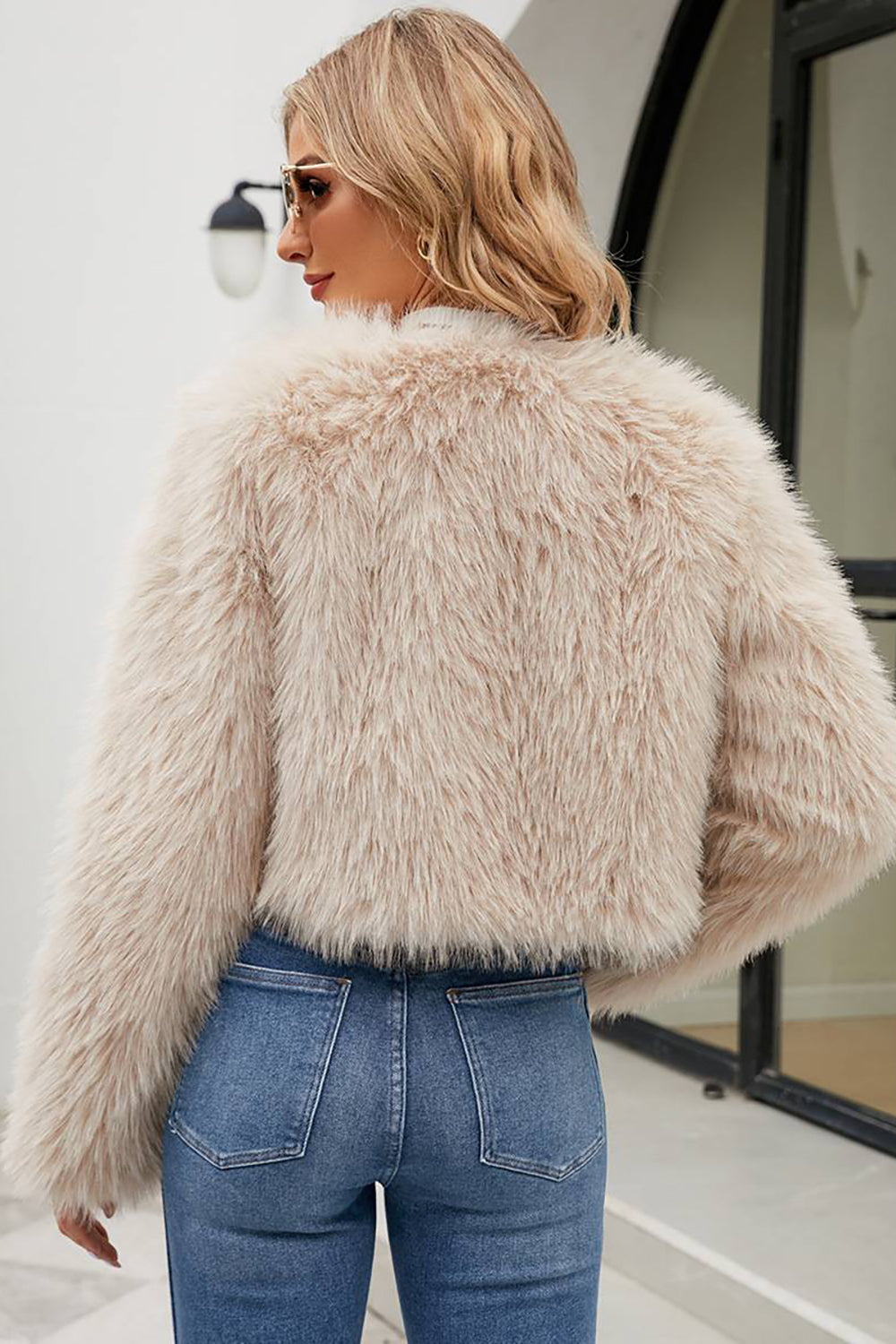 Apricot Open Front Shearling Faux Fur Cropped Coat-CALLISTARI