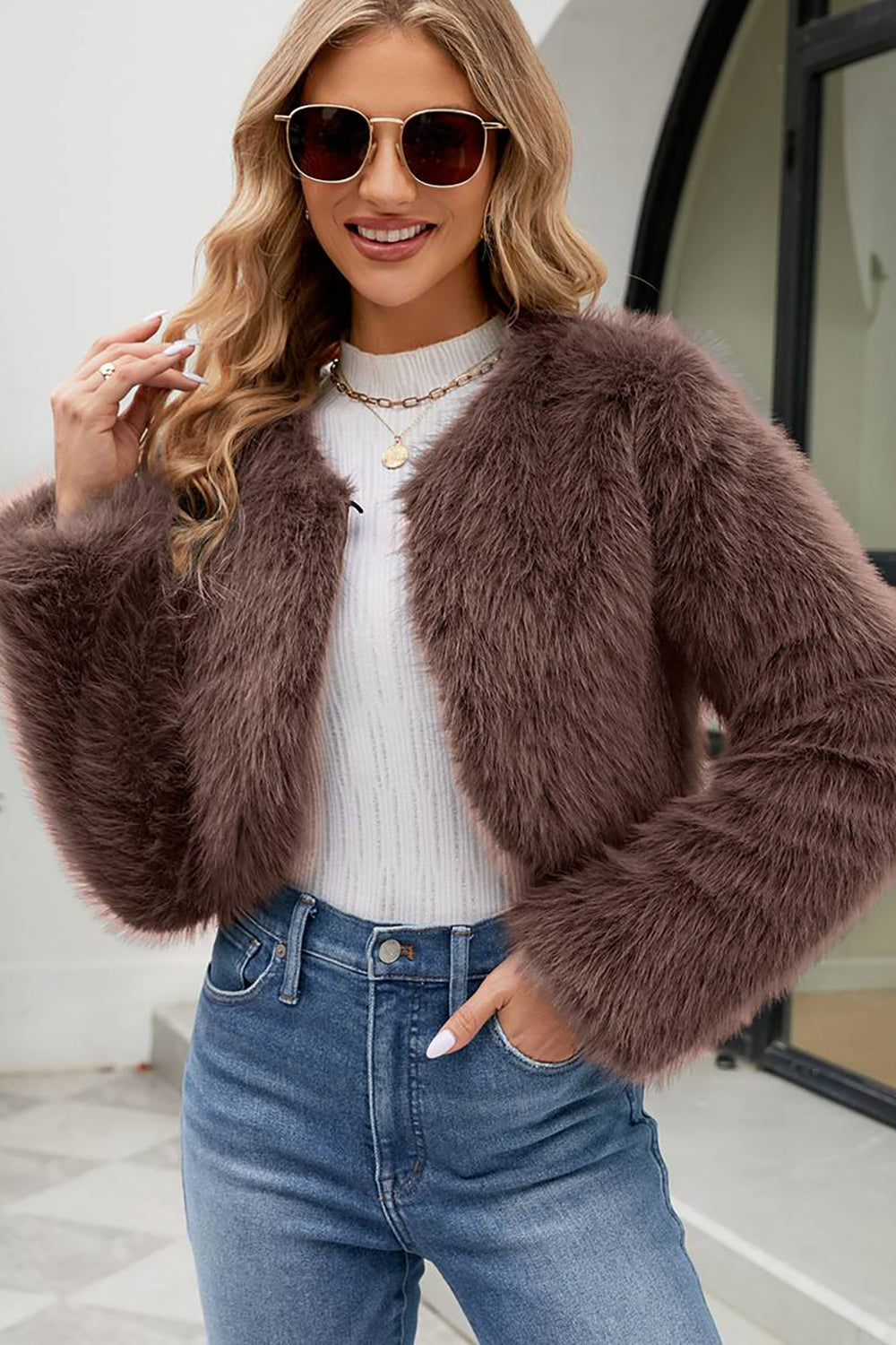 Apricot Open Front Shearling Faux Fur Cropped Coat-CALLISTARI