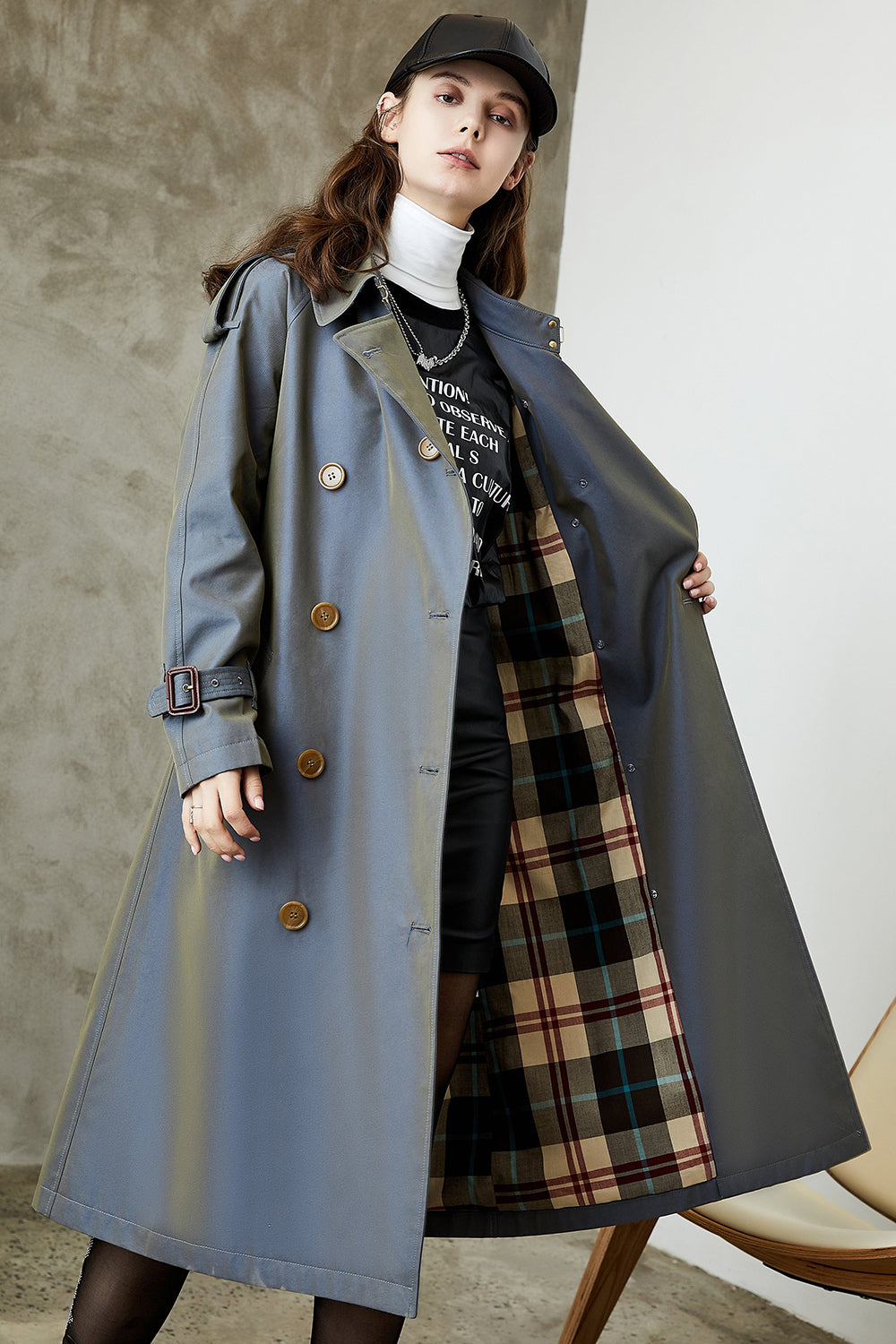 Grey Blue Double Breasted Long Trench Coat with Belt-CALLISTARI